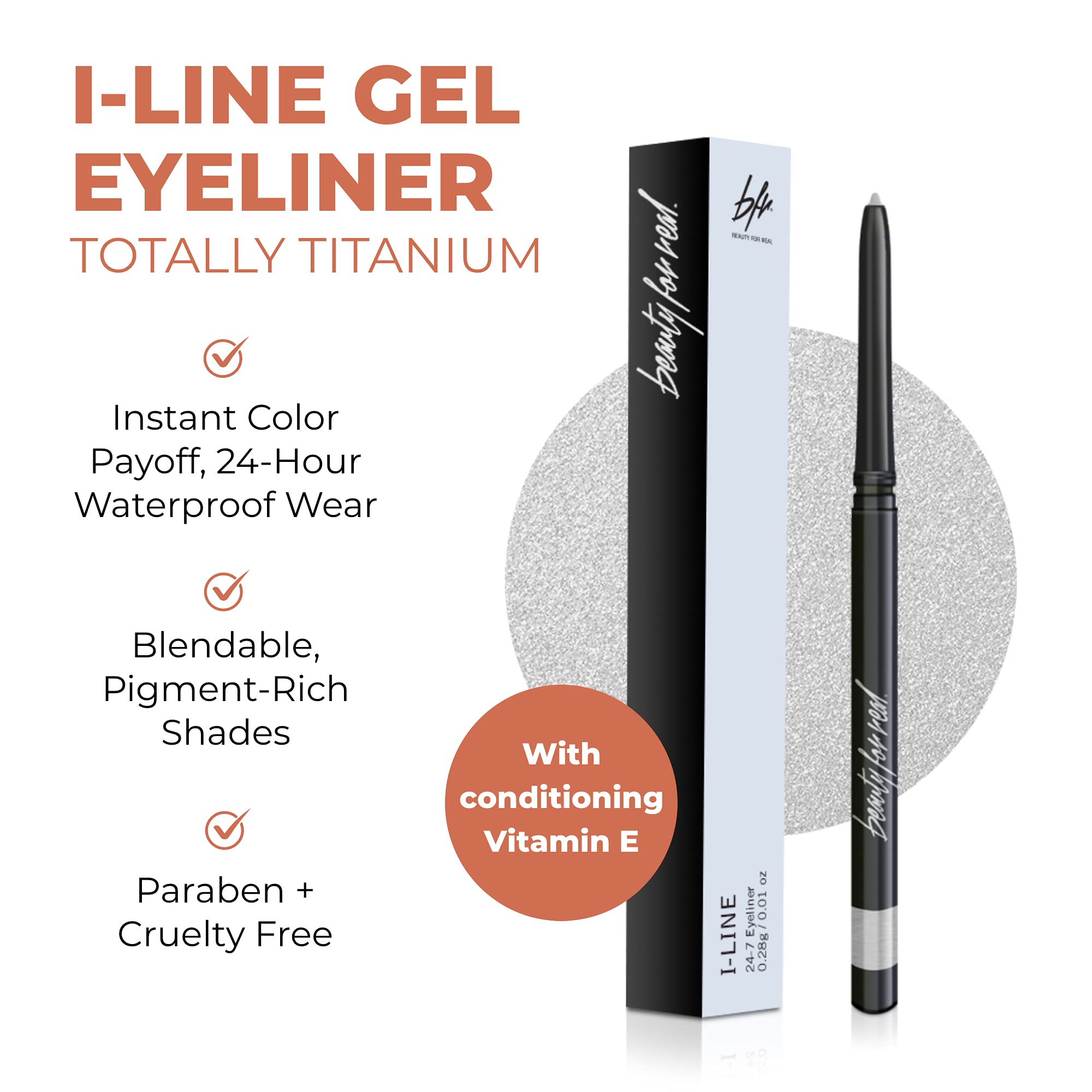 Beauty For Real I-Line 24-7 Eyeliner - Totally Titanium Silver | Waterproof Gel, Safe for Sensitive Eyes | 0.01 oz