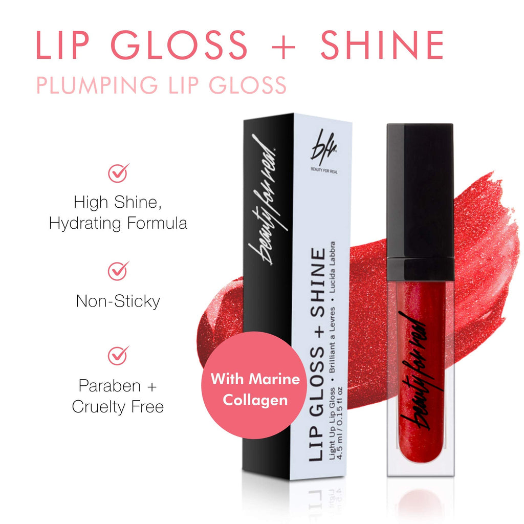 Beauty For Real Lip Gloss + Shine Light My Fire – Opaque Red, Non-Sticky Hydrating Gloss with Mirror Cap & LED Wand