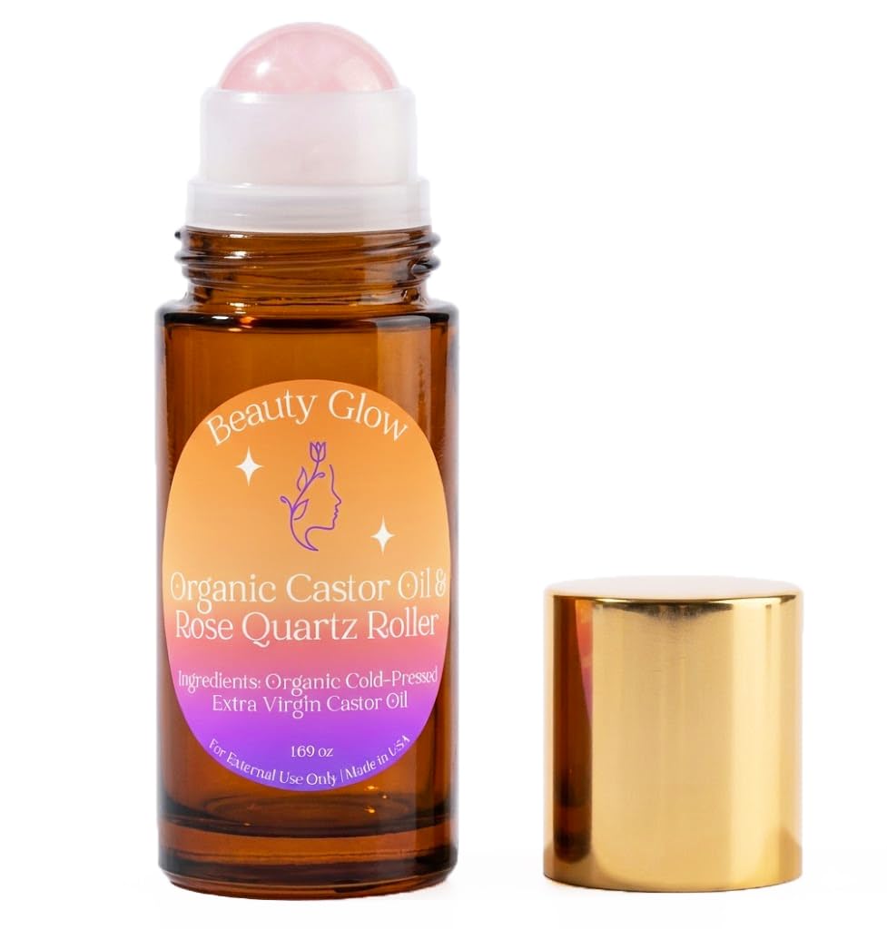 Beauty Glow Organic Cold-Pressed Castor Oil with Rose Quartz Roll-On – USA Made, Hexane Free, 1.69 oz