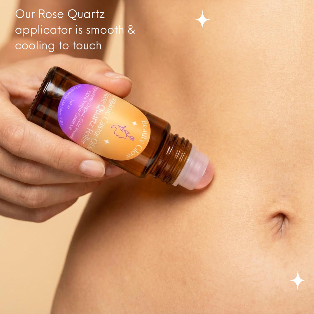 Beauty Glow Organic Cold-Pressed Castor Oil with Rose Quartz Roll-On – USA Made, Hexane Free, 1.69 oz