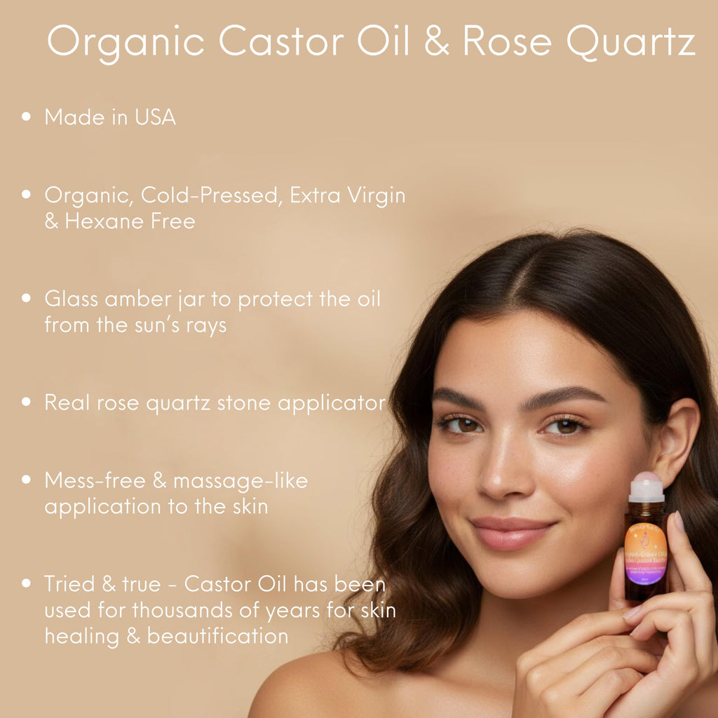 Beauty Glow Organic Cold-Pressed Castor Oil with Rose Quartz Roll-On – USA Made, Hexane Free, 1.69 oz