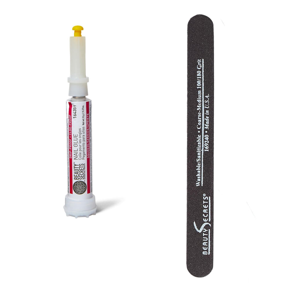 Beauty Secrets Drip & Clog-Proof Nail Glue Bundle with Black Cushion Nail File (180/100 Grit) – 1 Pack