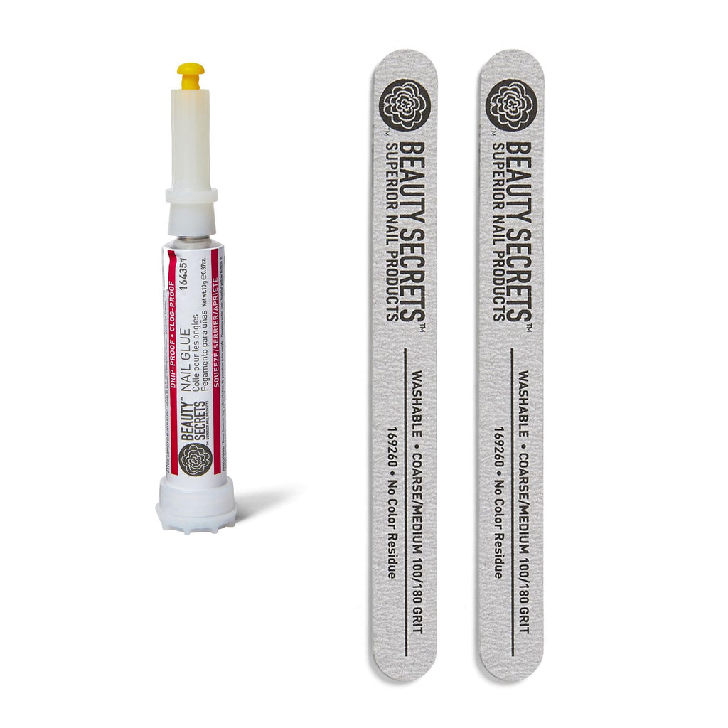 Beauty Secrets Drip & Clog Proof Nail Glue Bundle with Zebra Cushion Nail File – 2 Pack