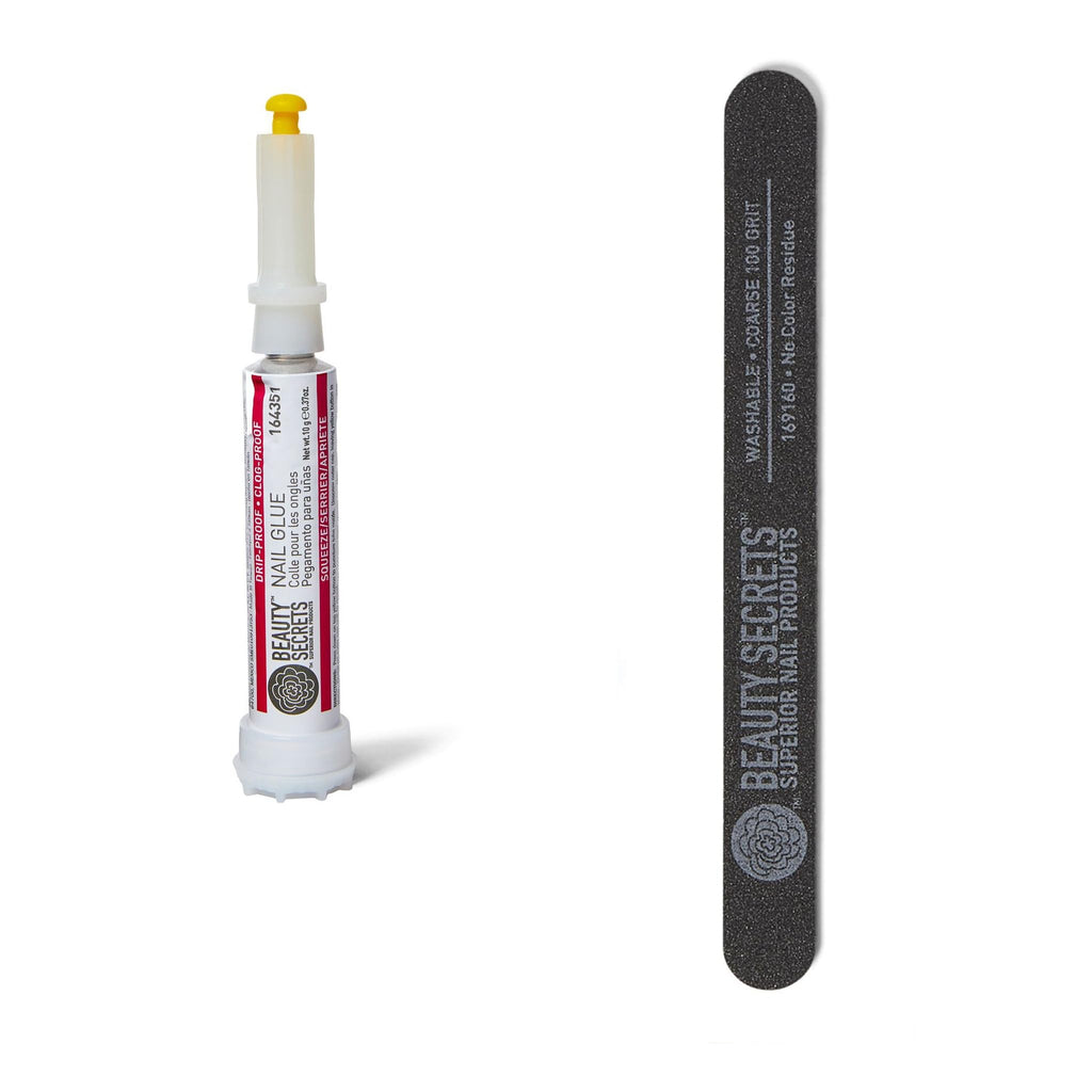 Beauty Secrets Drip & Clog Proof Nail Glue with Black Coarse 100 Grit File – 1 Pack Bundle