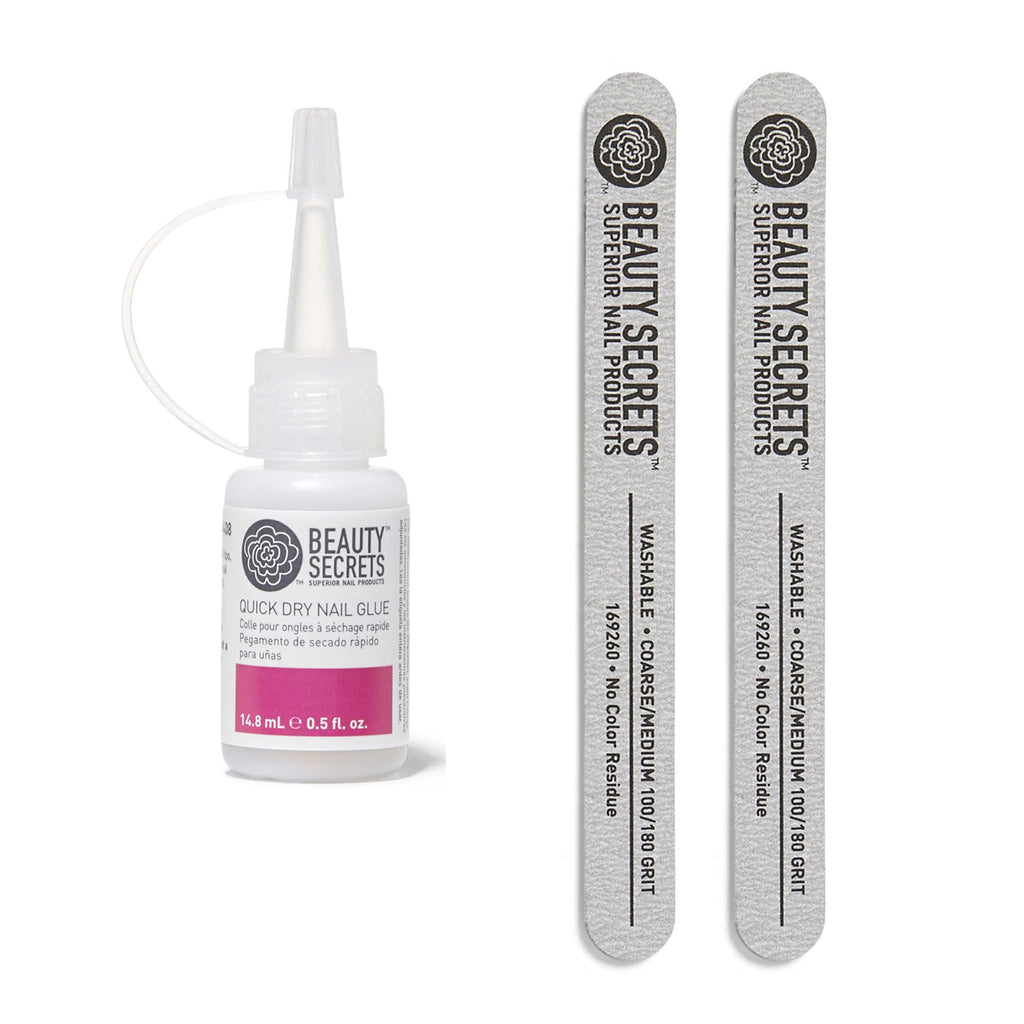 Beauty Secrets Quick Dry Nail Glue + Zebra Cushion Nail File (2 Pack)