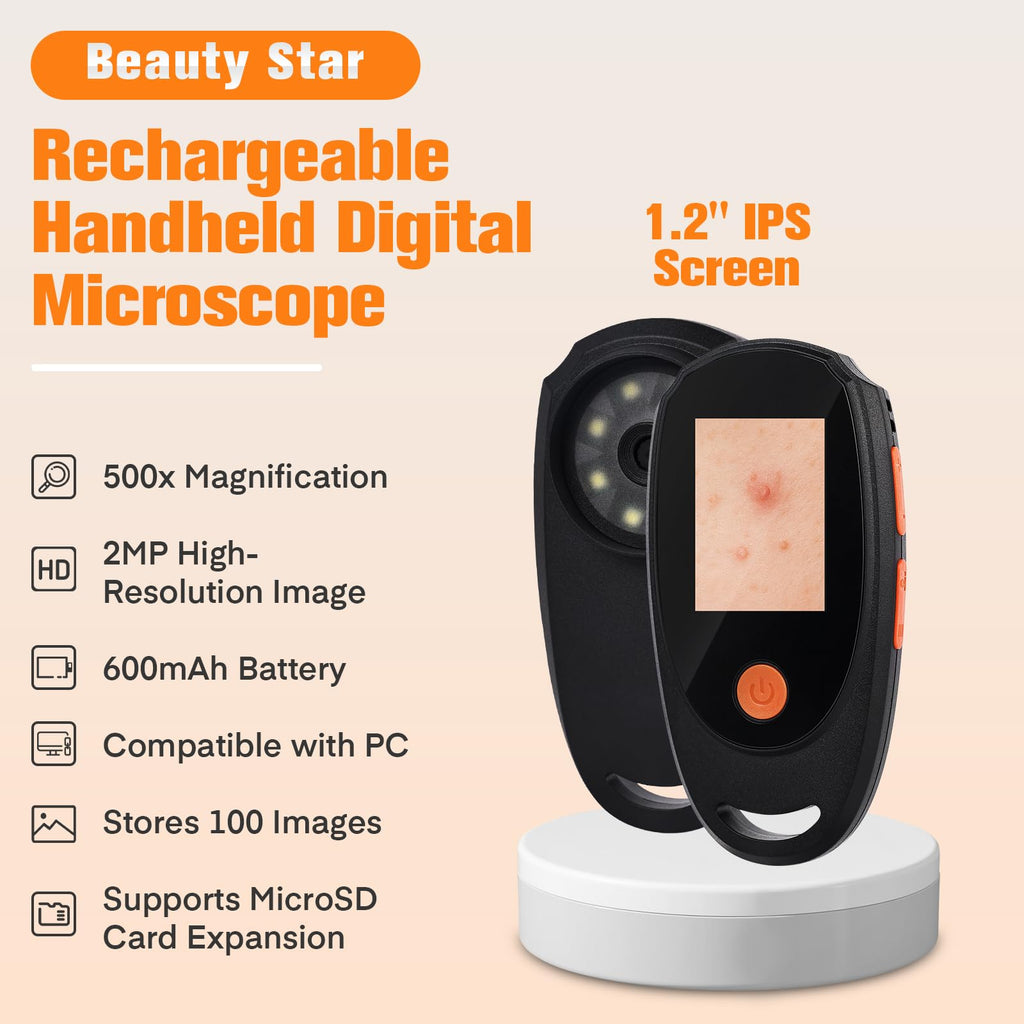 Beauty Star Dermatoscope 500x – Handheld Skin & Scalp Microscope, 8 LED, 1080P Display