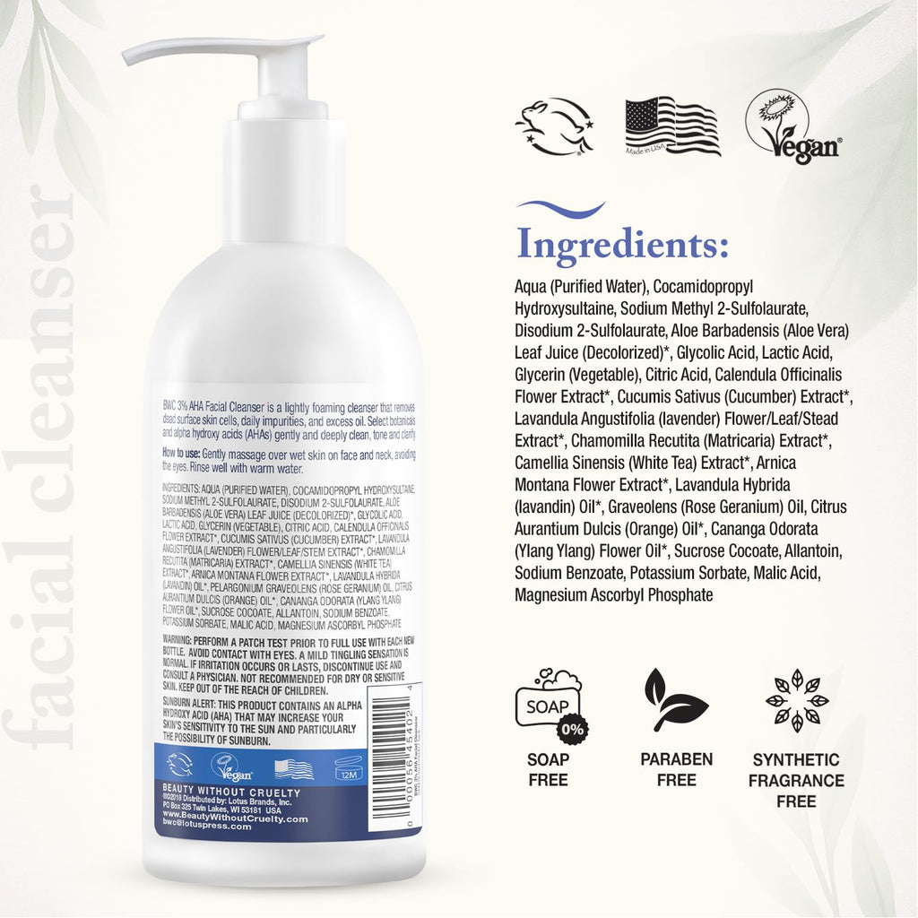 Beauty Without Cruelty AHA Facial Cleanser – Exfoliating Face Wash for Normal to Oily Skin | Vegan & Cruelty-Free | 8.5 Fl Oz