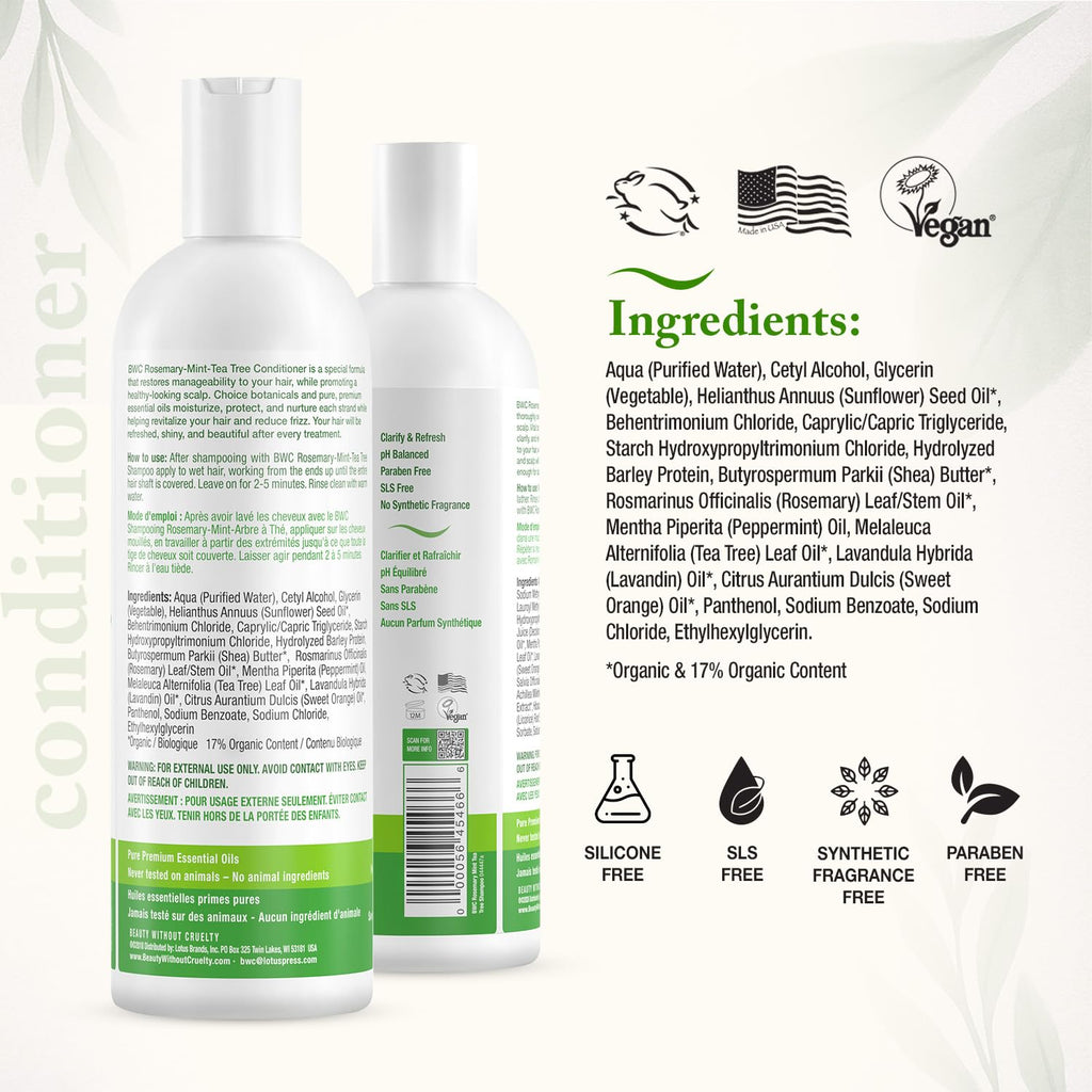 Beauty Without Cruelty Rosemary Mint Tea Tree Conditioner – Aromatherapy Hair & Scalp Treatment, 16 oz