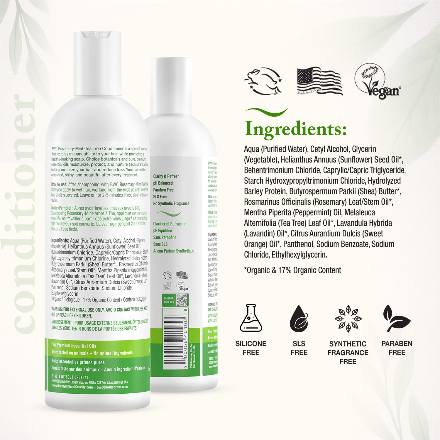 Beauty Without Cruelty Rosemary Mint Tea Tree Conditioner – Aromatherapy Hair & Scalp Treatment, 16 oz