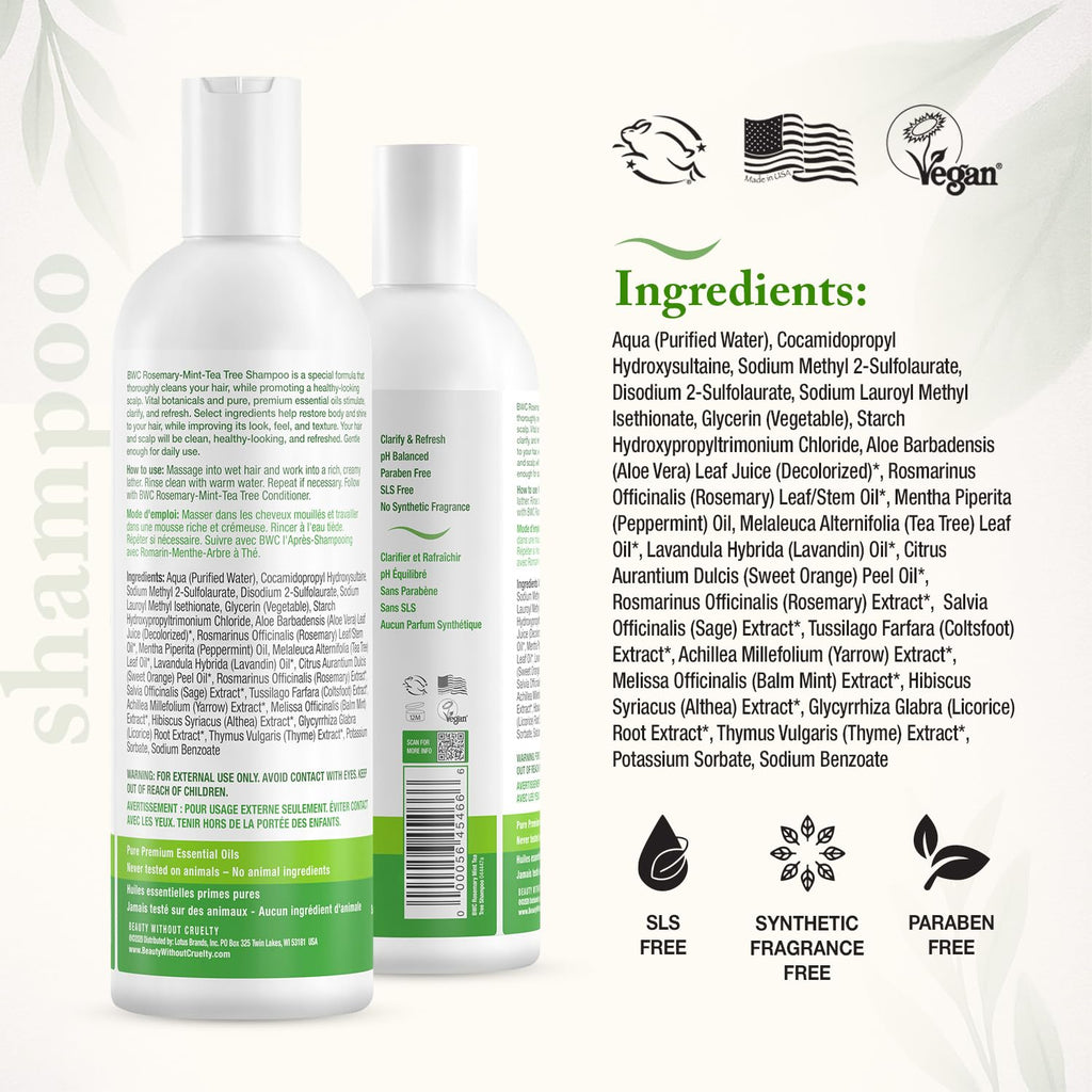 Beauty Without Cruelty Shampoo – Clarifying Rosemary Mint Tea Tree, SLS-Free, Vegan, 16 oz