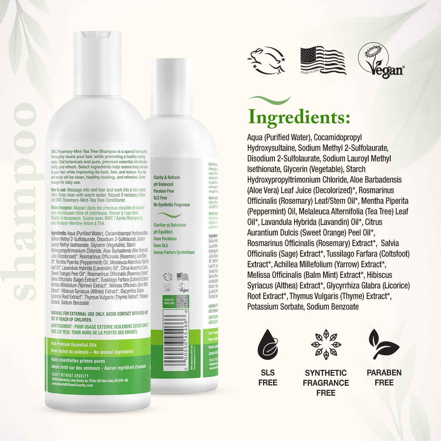 Beauty Without Cruelty Shampoo – Clarifying Rosemary Mint Tea Tree, SLS-Free, Vegan, 16 oz