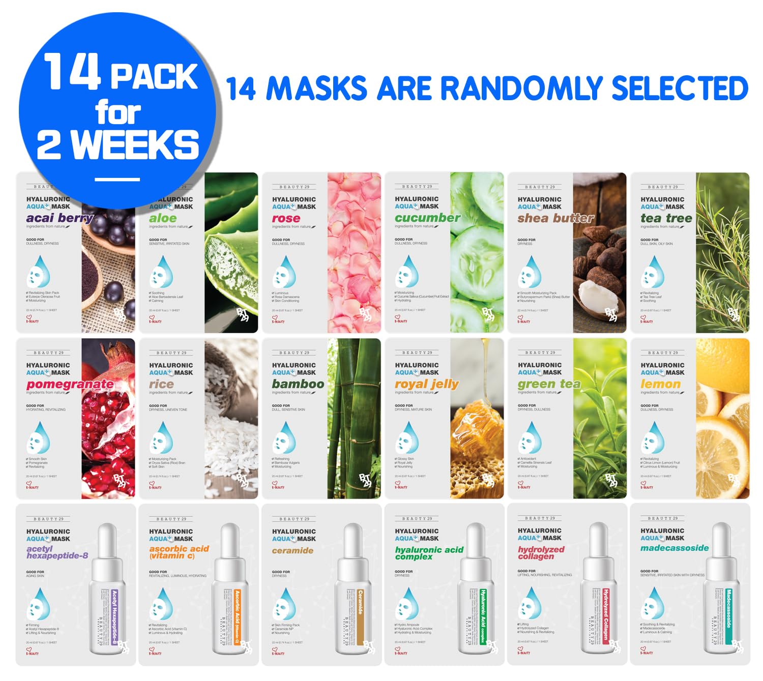 BEAUTY29 Hyaluronic Aqua Plus Essence Mask — 14-Sheet Full Face Hydration Set (2 Weeks)