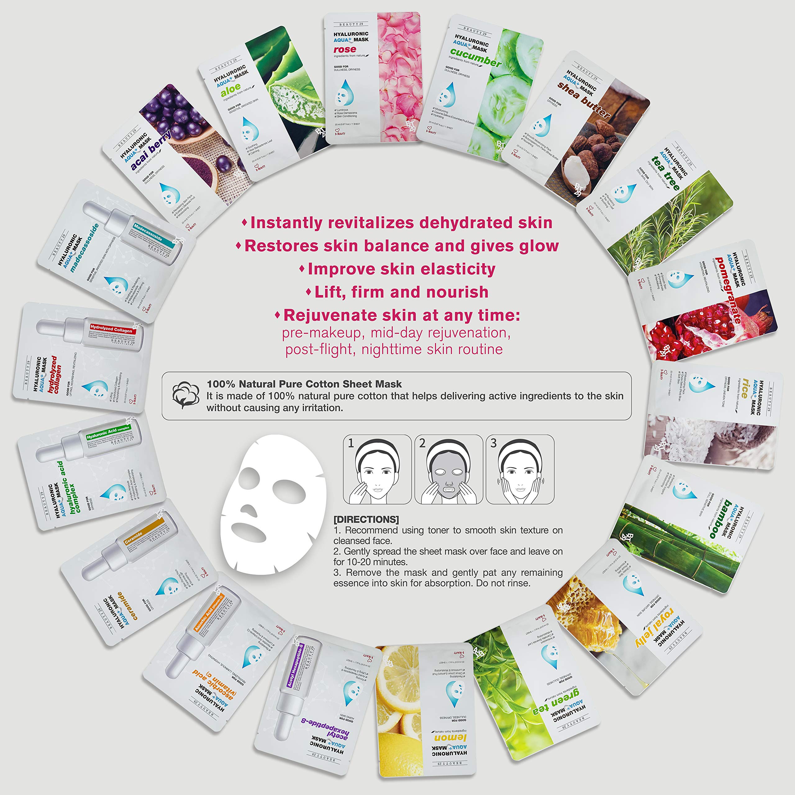 BEAUTY29 Hyaluronic Aqua Plus Essence Sheet Mask 14-Pack (Acai Berry) | Hydration & Radiance