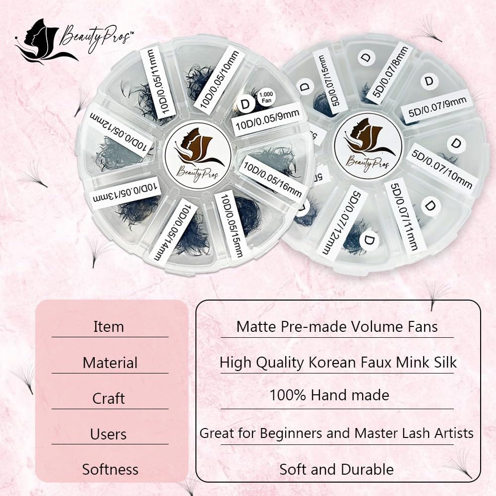 BeautyPros 5D Premade Volume Lash Extension Kit – 1000 Premade Fans, 9-16mm, C-Curl, Pointed Handmade