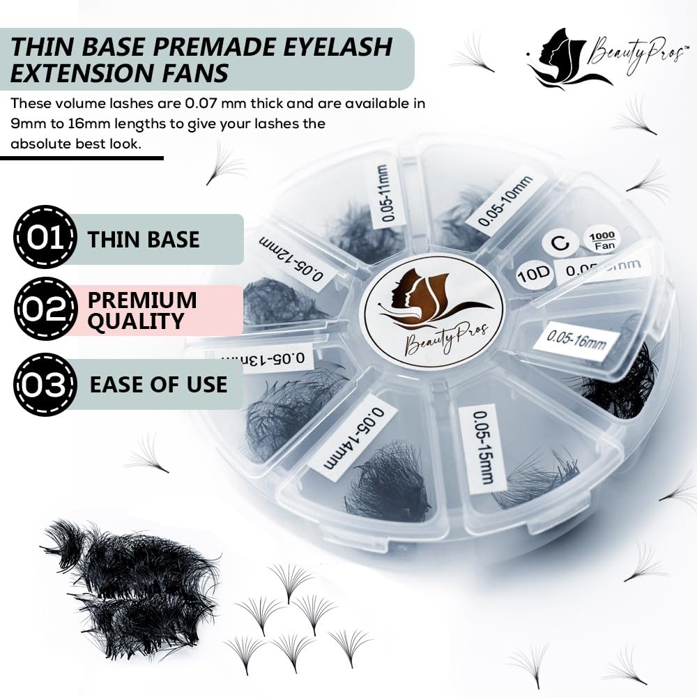 BeautyPros 5D Premade Volume Lash Extension Kit – 1000 Premade Fans, 9-16mm, C-Curl, Pointed Handmade
