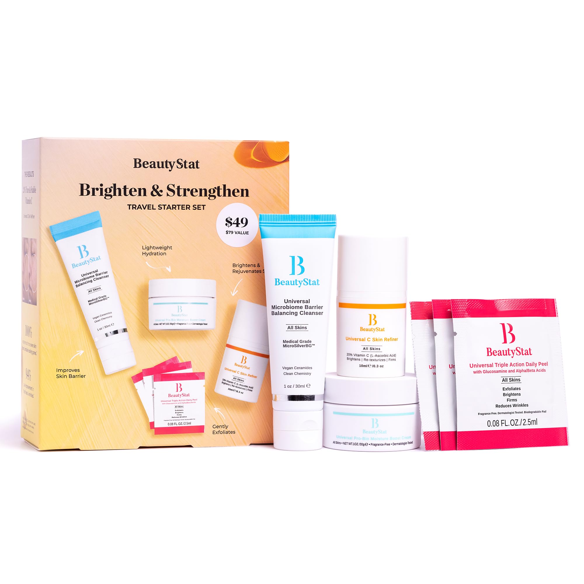BeautyStat Brighten & Strengthen Travel Starter Kit | Universal C Skin Refiner, Probiotic Moisture Boost Cream & Microbiome Purifying Cleanser + 3 Peels