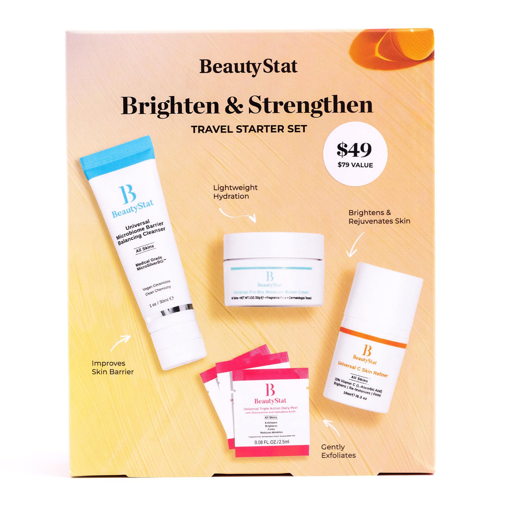 BeautyStat Brighten & Strengthen Travel Starter Kit | Universal C Skin Refiner, Probiotic Moisture Boost Cream & Microbiome Purifying Cleanser + 3 Peels