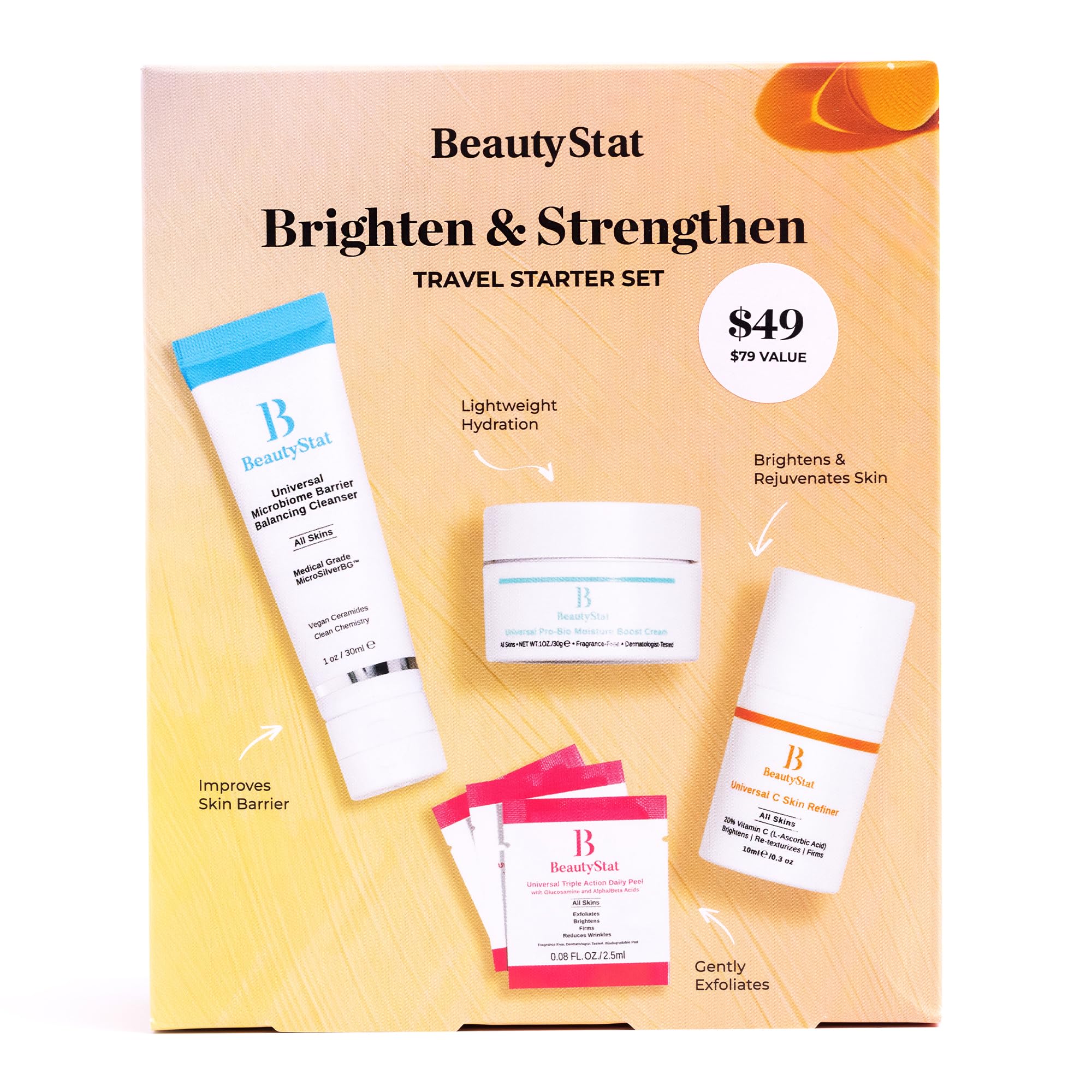 BeautyStat Brighten & Strengthen Travel Starter Kit | Universal C Skin Refiner, Probiotic Moisture Boost Cream & Microbiome Purifying Cleanser + 3 Peels