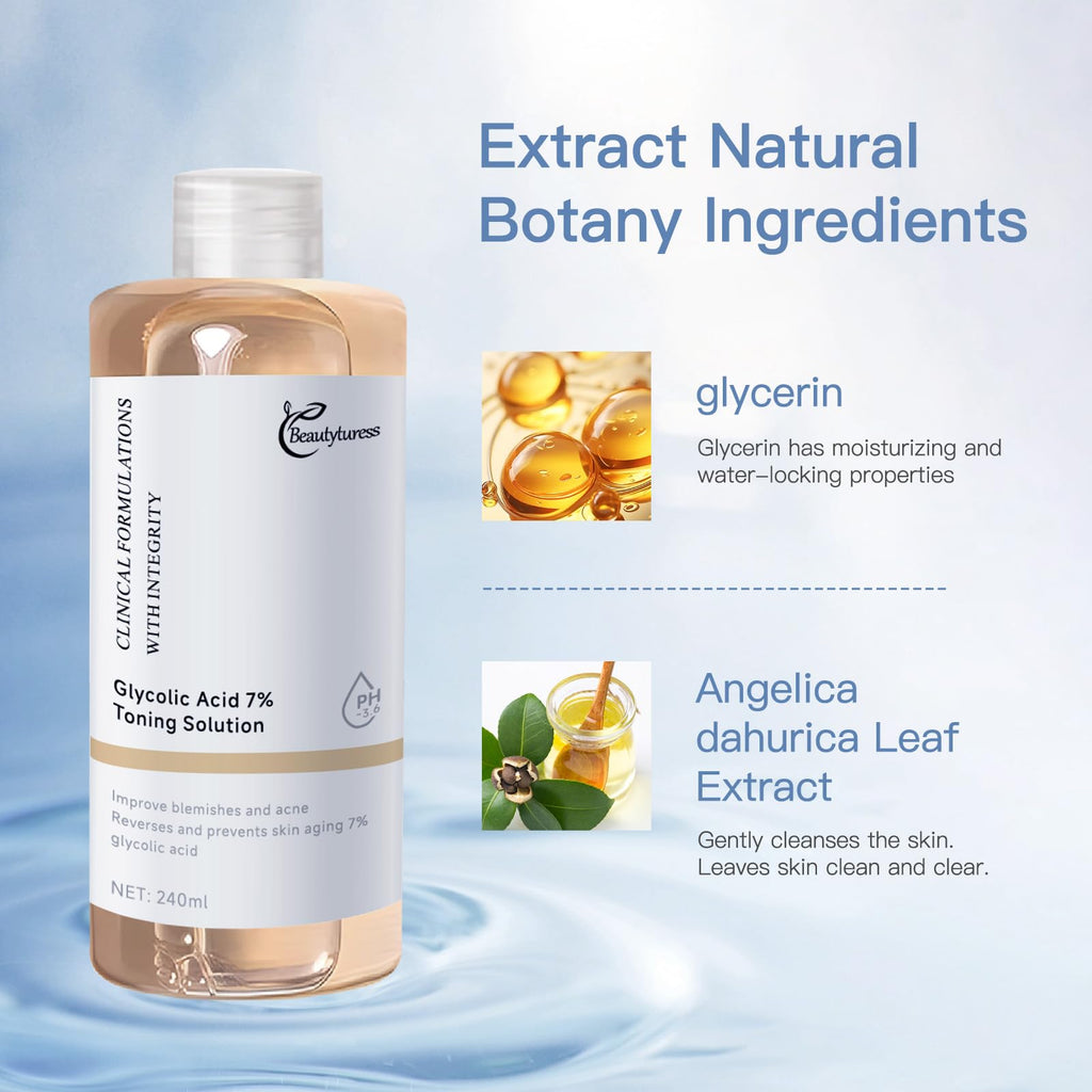 BEAUTYTURESS Glycolic Acid 7% Toning Solution – Exfoliate, Refine Texture & Even Tone (8.12 fl oz x 2)