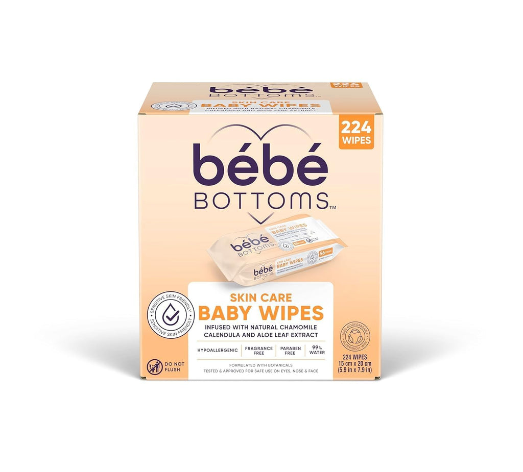 BEBE BOTTOMS Hypoallergenic Facial Cloths & Baby Wipes – Fragrance-Free, Paraben-Free, Sensitive-Skin Safe – 224 Count