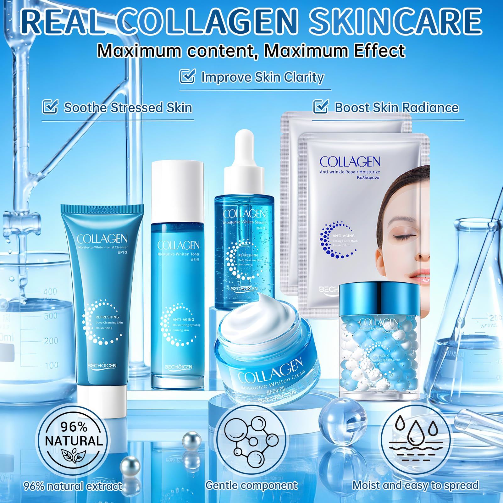BECHOICEN Collagen Skincare Set – 7-Piece Hydrating Face Care Kit