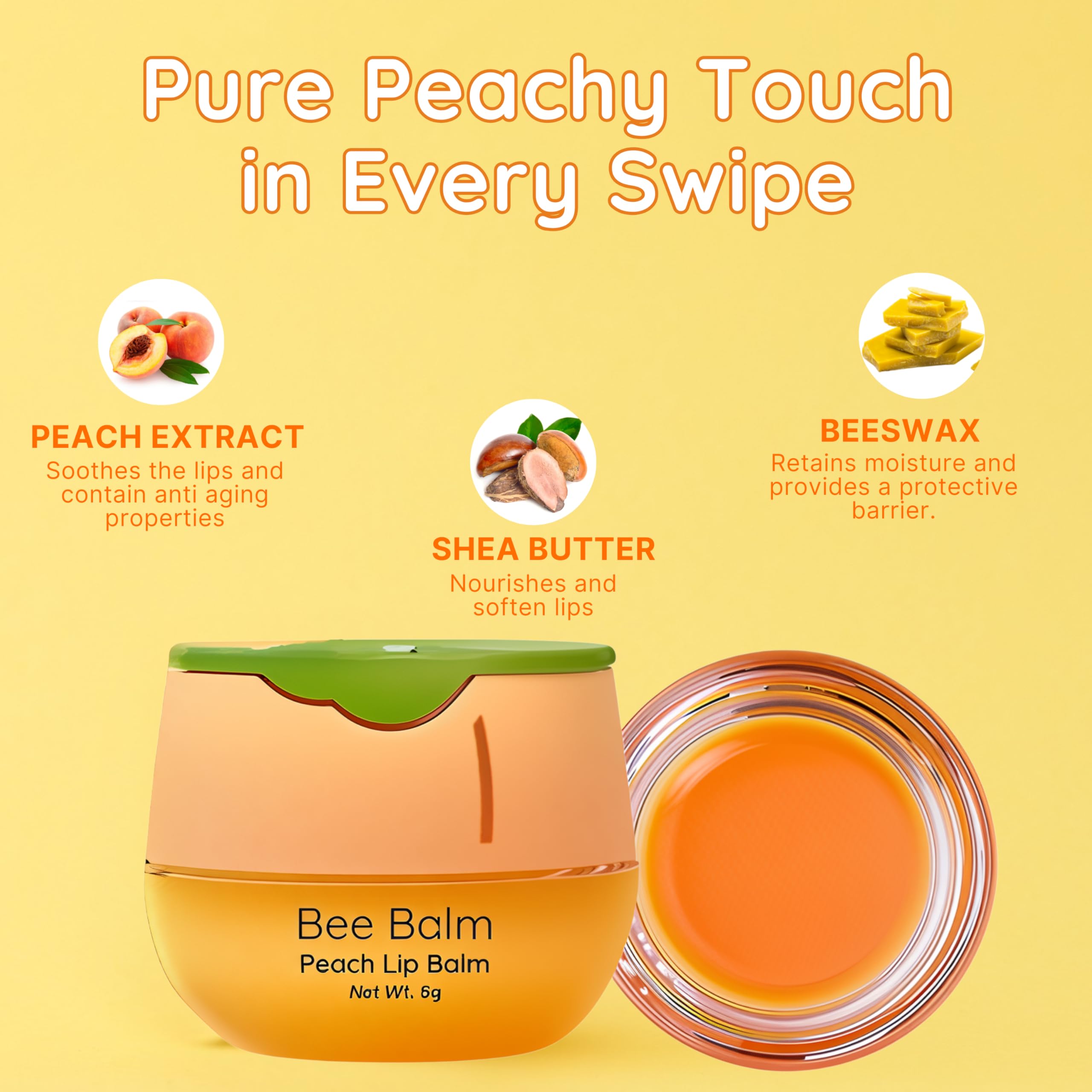 Bee Balm Original Peach Lip Balm – Hydrating Honey Pot with Propolis, Honey & Vitamin E (Pack of 2)