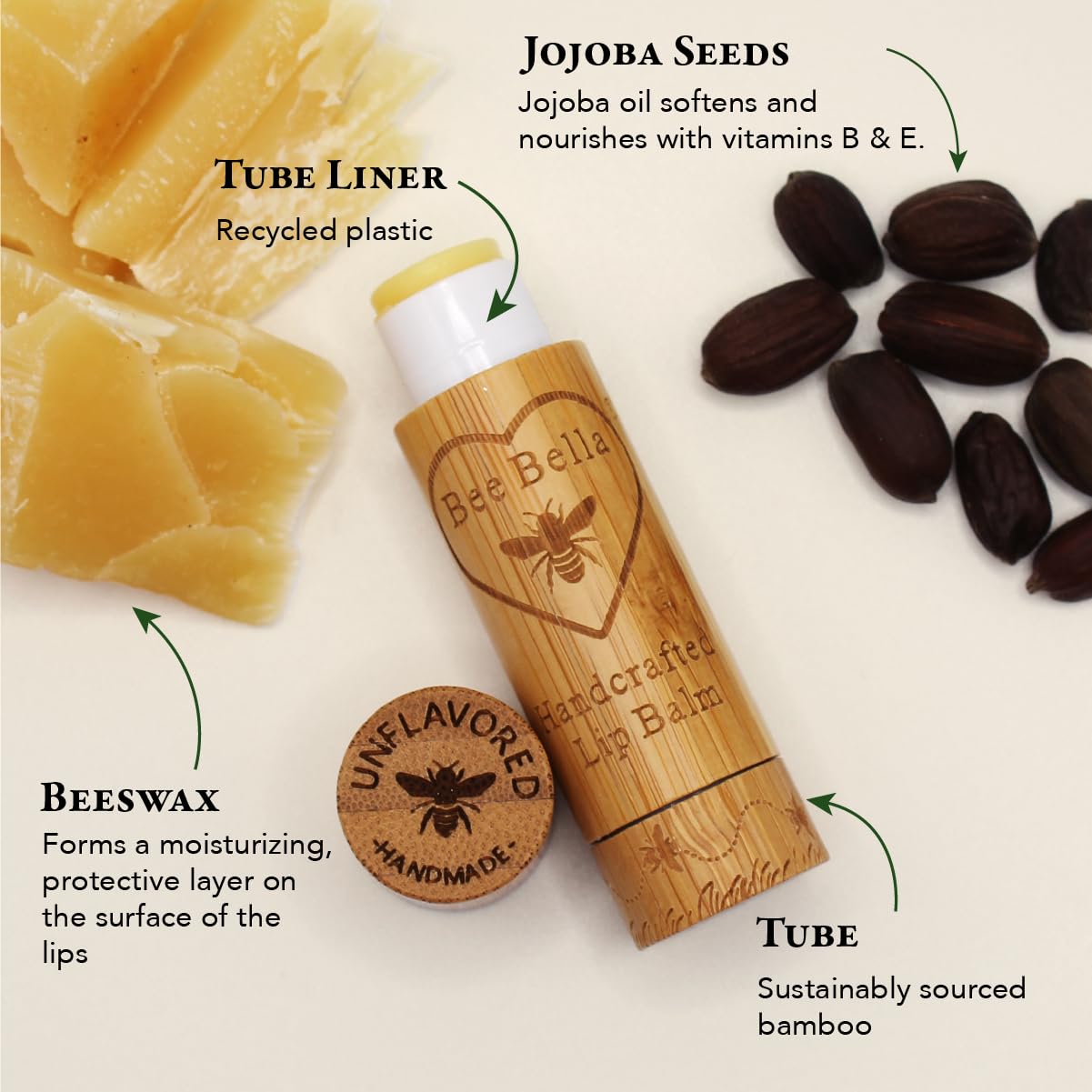 Bee Bella Lip Balm Unscented 3-Pack | Natural Beeswax + Vitamin E, Handmade in USA