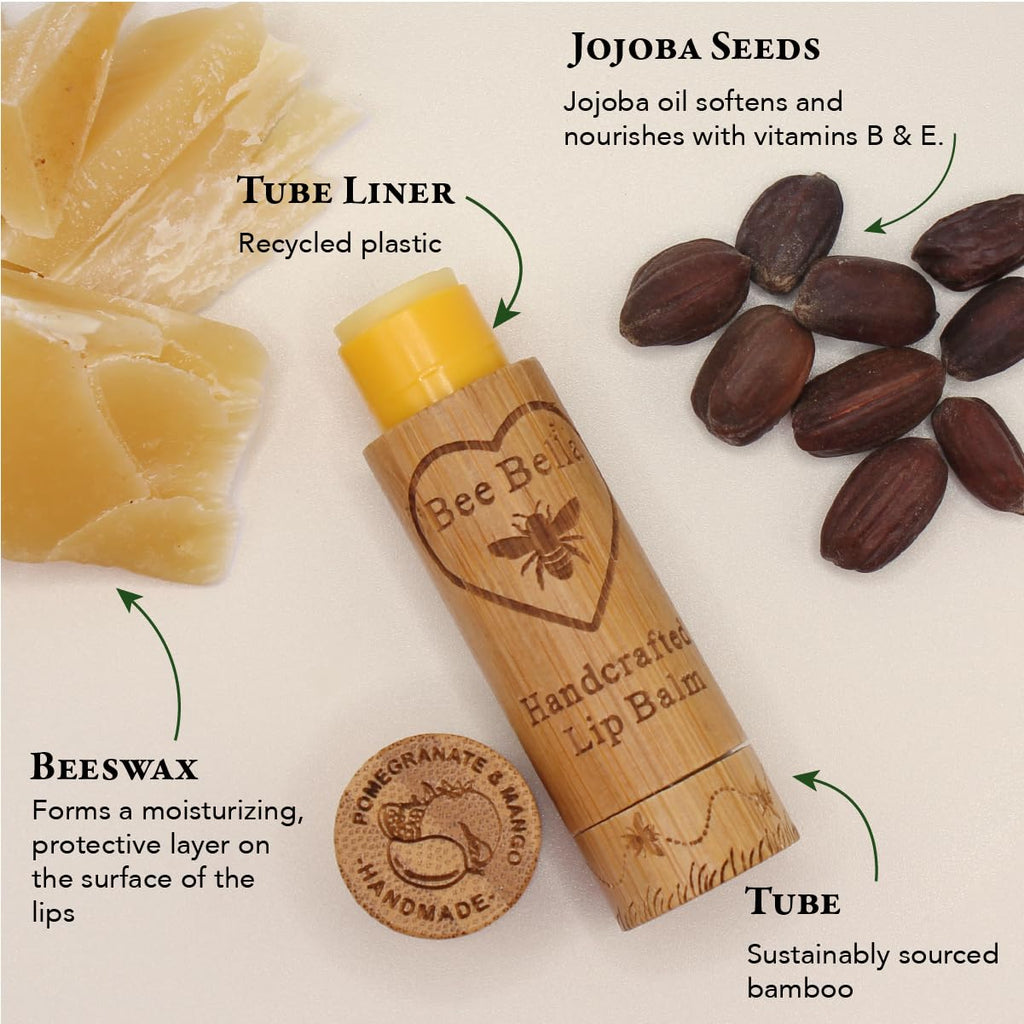 Bee Bella Lip Balm Pomegranate Mango (3 Pack) – 100% Natural Beeswax + Vitamin E | Handmade in USA