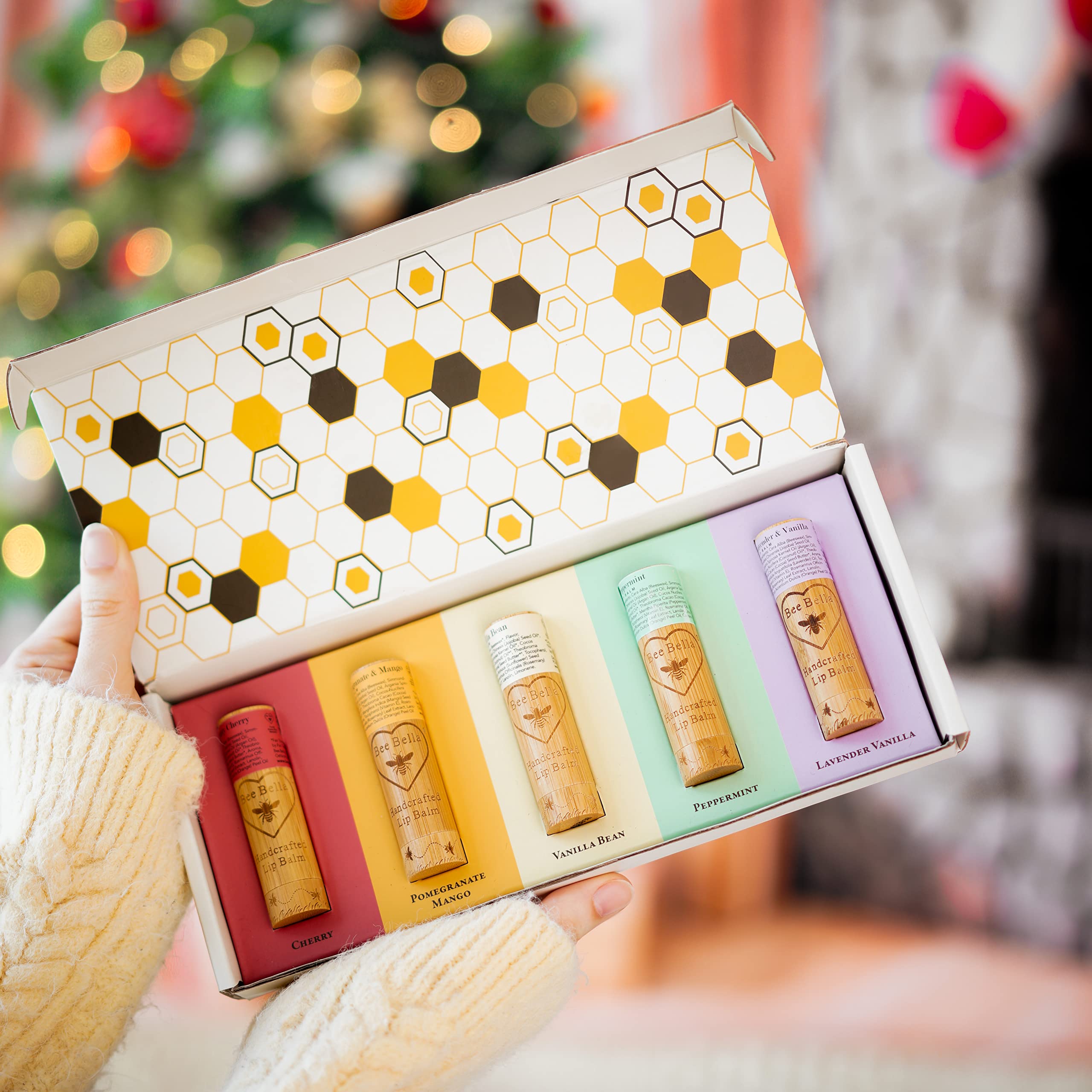 Bee Bella Lip Balm Variety 5 Pack Gift Set – Cherry, Pomegranate Mango, Vanilla Bean, Peppermint, Lavender Vanilla | Handmade in USA