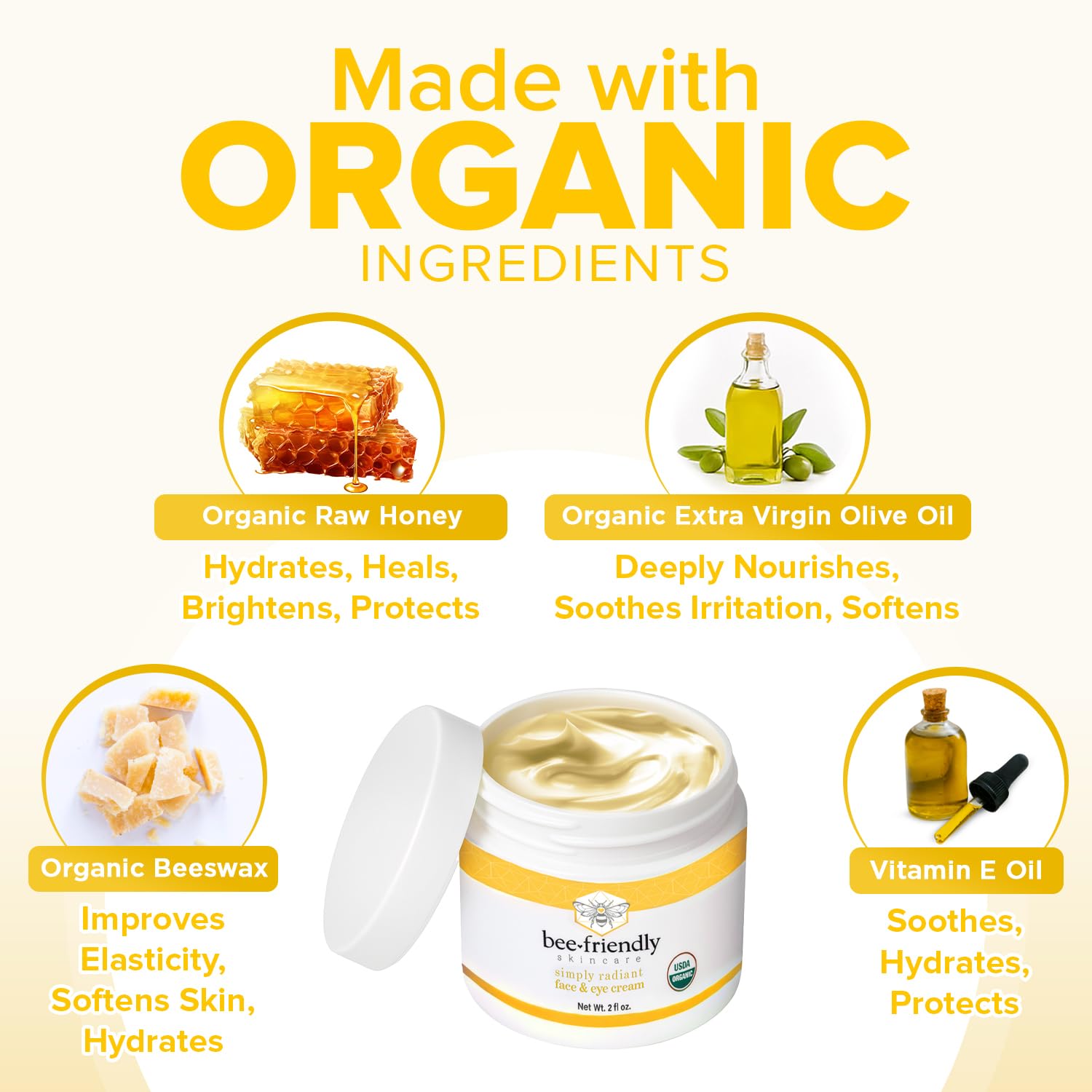 BeeFriendly Organic Face & Eye Cream – USDA Certified Organic Moisturizer for Face, Neck & Decollete