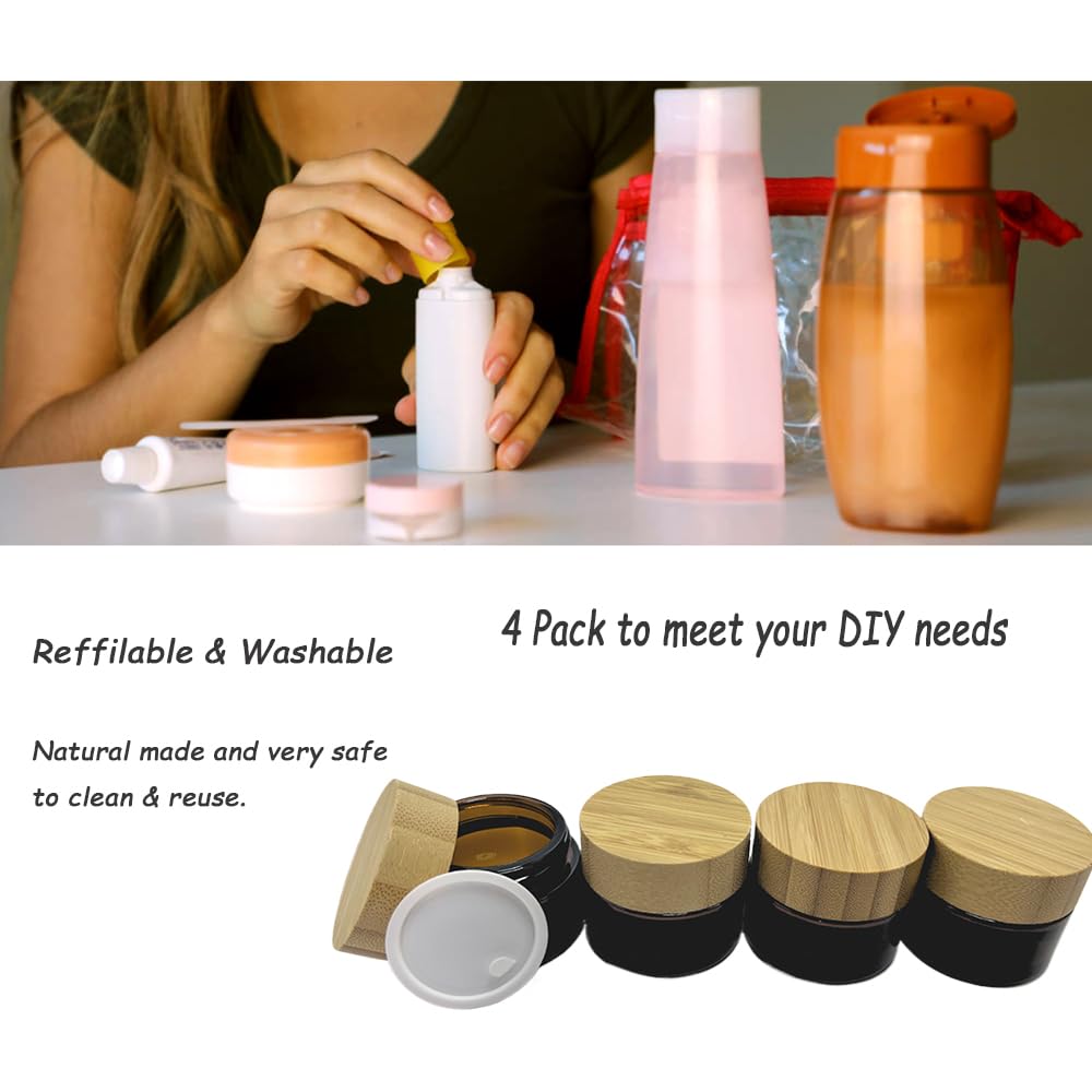 BEECO GIF2U Empty Refillable Frosted Glass Cosmetic Jars – 4 Pack, 30ml with Bamboo Lids
