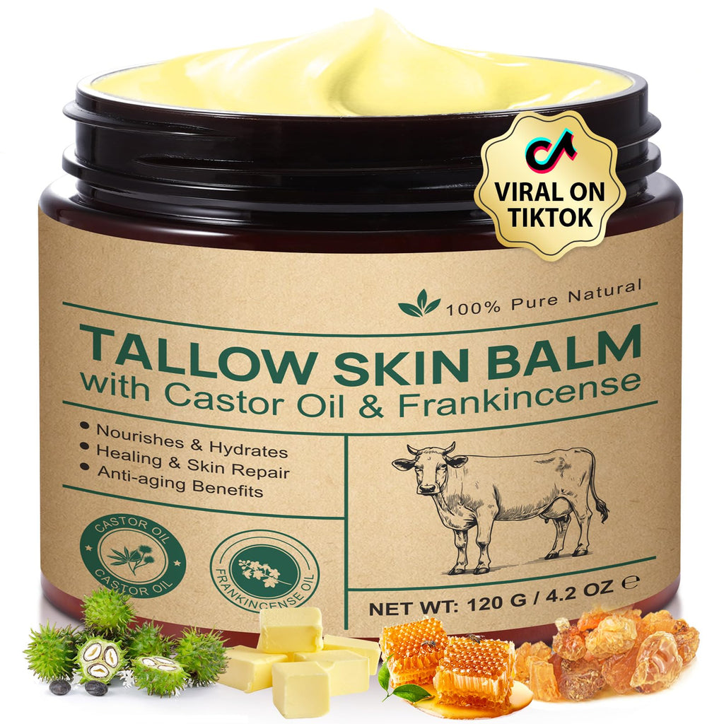 Beef Tallow Balm with Castor Oil and Frankincense – Organic Grass-Fed 120 g | Deep Moisturizing for Face & Body