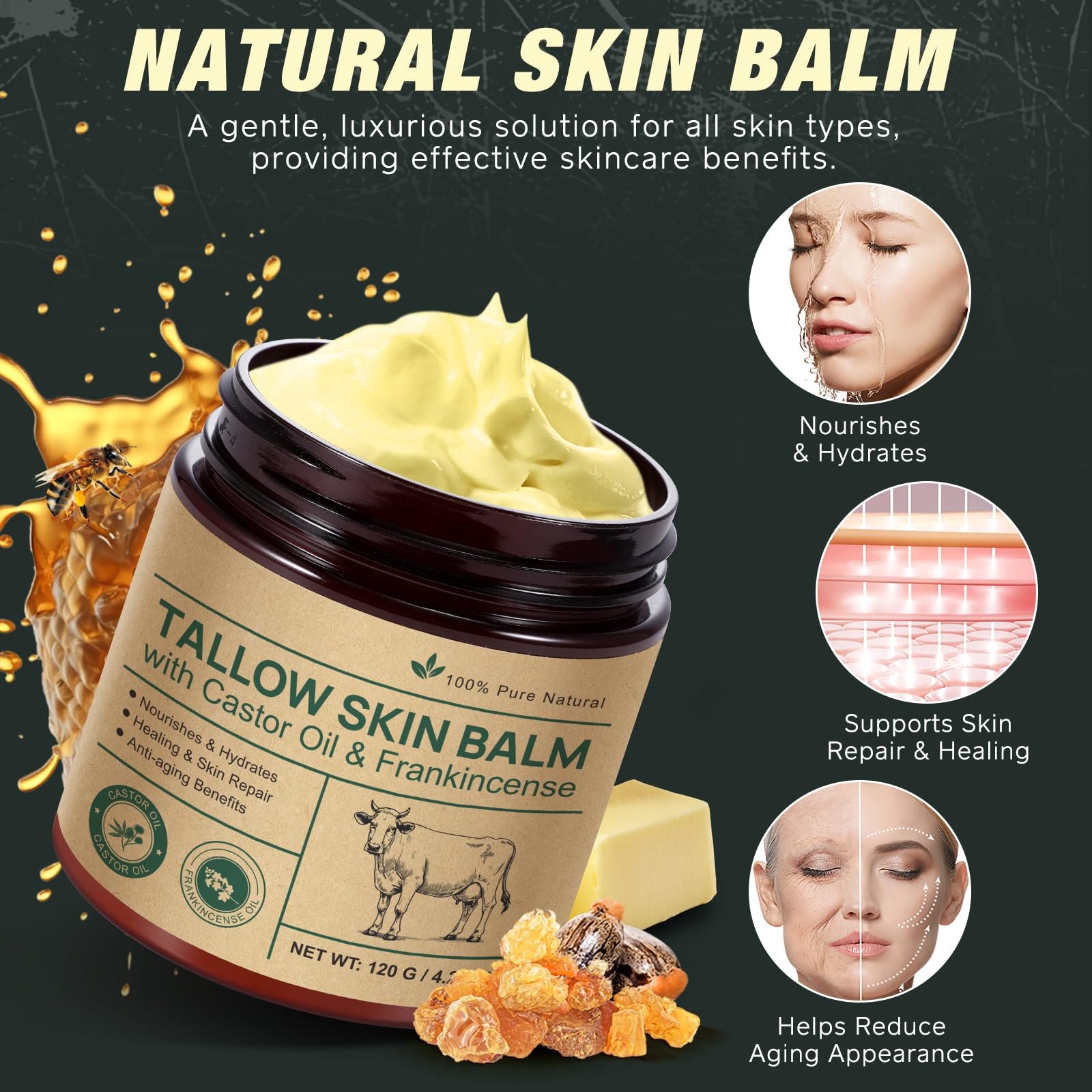 Beef Tallow Balm with Castor Oil and Frankincense – Organic Grass-Fed 120 g | Deep Moisturizing for Face & Body