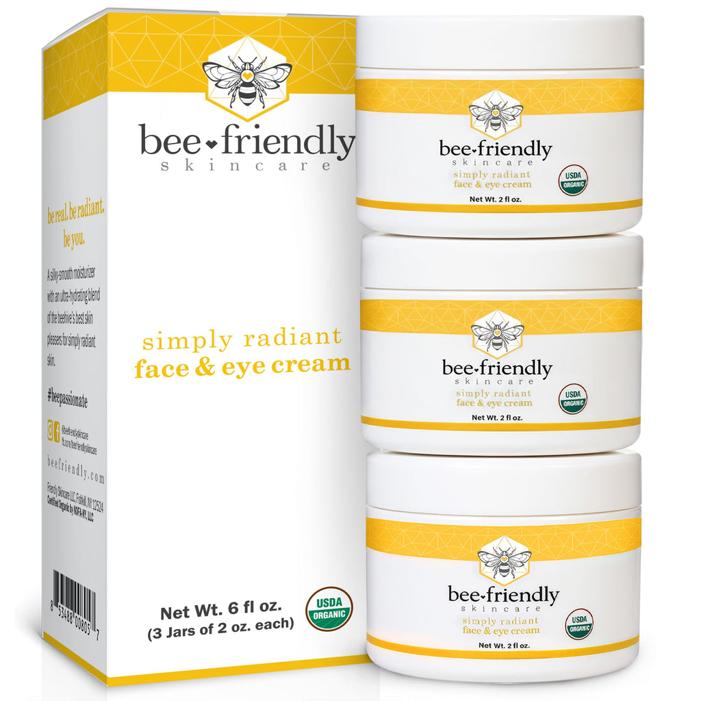 BeeFriendly Organic Face & Eye Cream — USDA Certified Organic Moisturizer, 6 oz (3 Jars in Box)