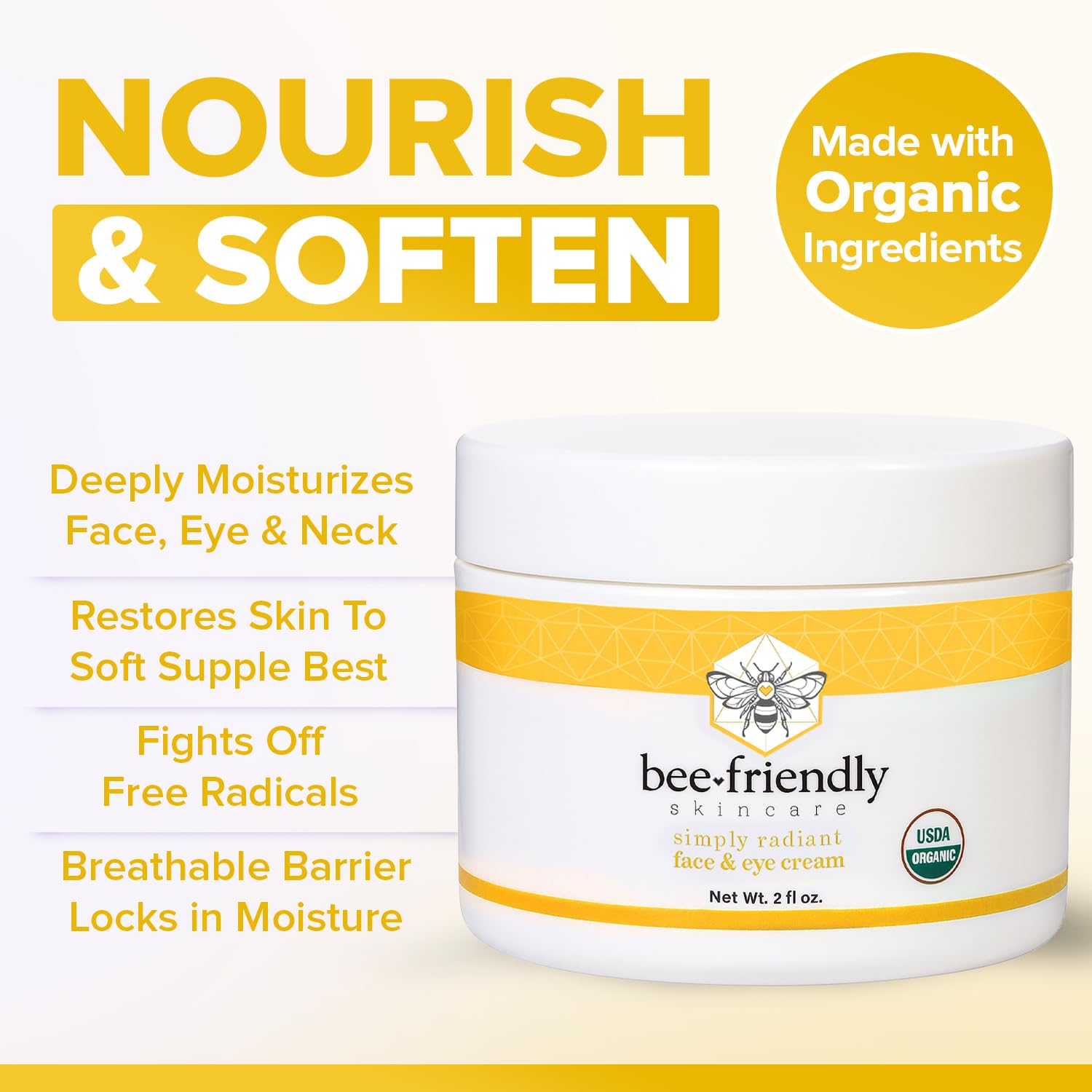 BeeFriendly Organic Face & Eye Cream — USDA Certified Organic Moisturizer, 6 oz (3 Jars in Box)