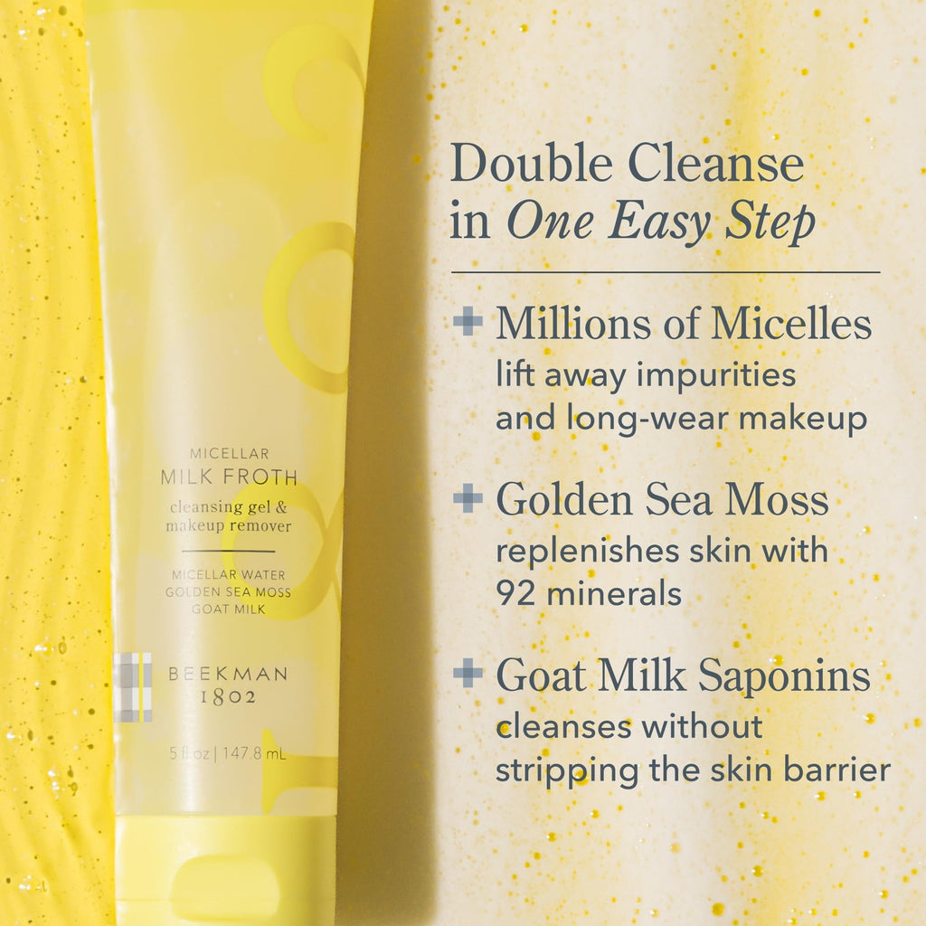 Beekman 1802 Micellar Milk Froth Cleansing Gel | 2-in-1 Makeup Remover for Sensitive Skin