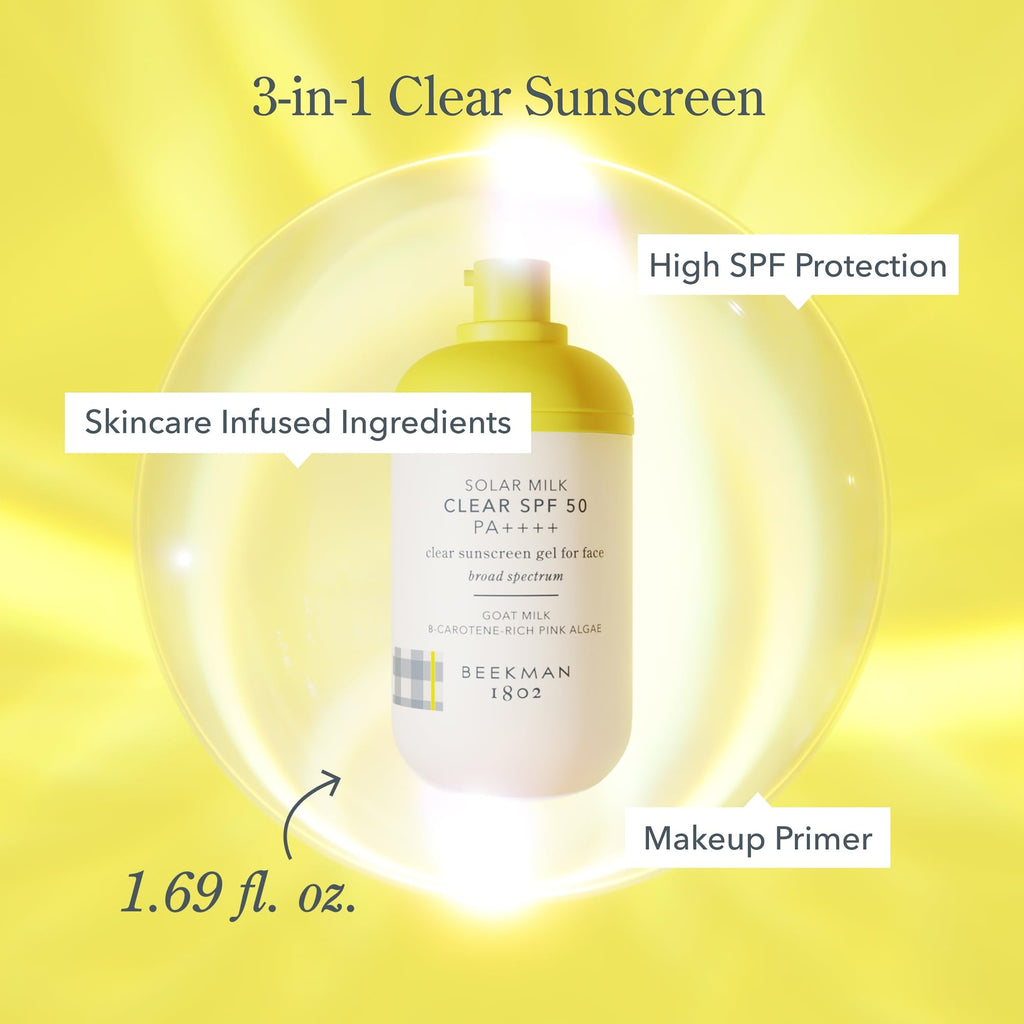 Beekman 1802 Solar Milk SPF 50 3-in-1 Face Sunscreen – Lightweight Gel, Goat Milk, Makeup Primer