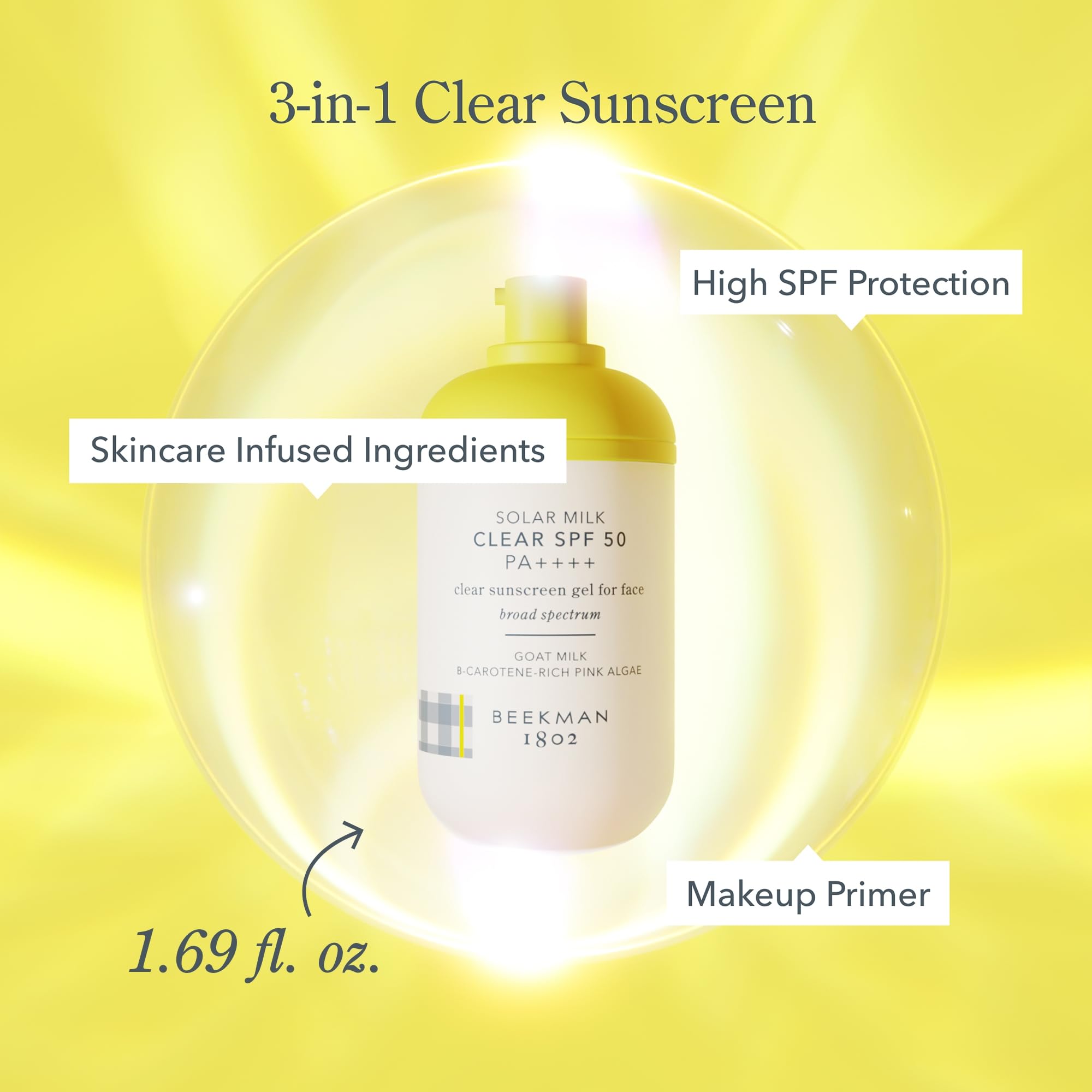 Beekman 1802 Solar Milk SPF 50 3-in-1 Face Sunscreen – Lightweight Gel, Goat Milk, Makeup Primer