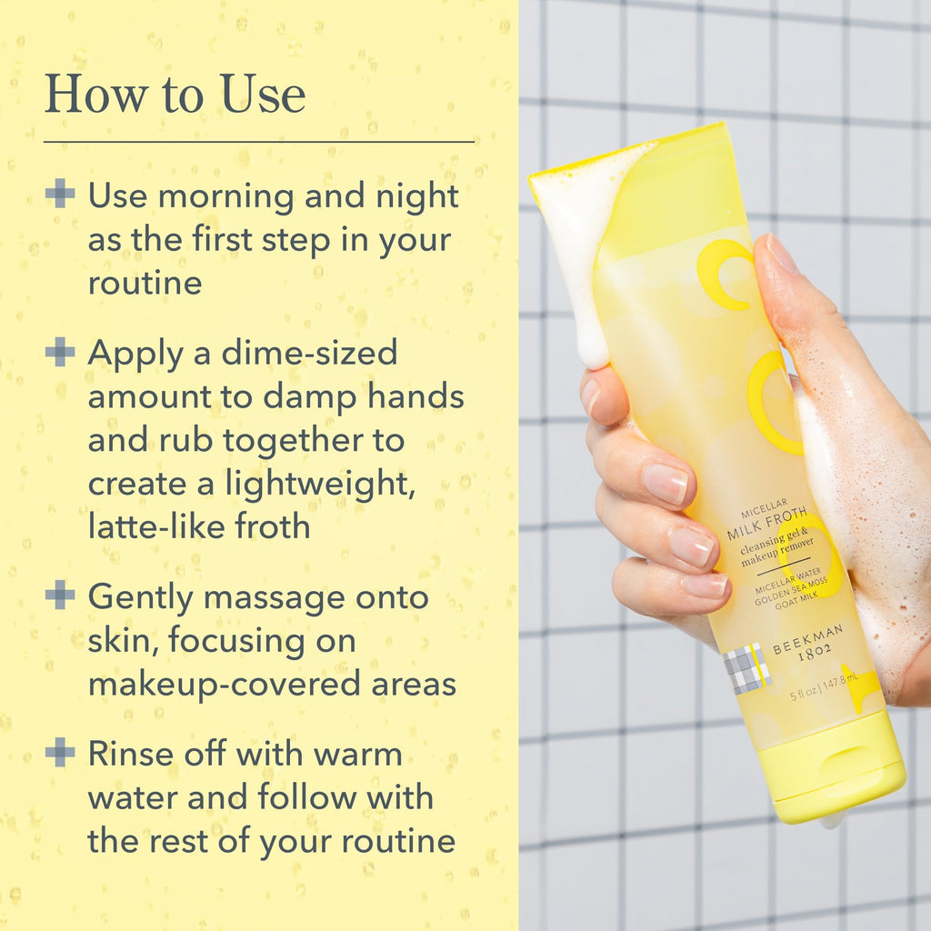 Beekman 1802 Micellar Milk Froth Cleansing Gel | 2-in-1 Makeup Remover for Sensitive Skin