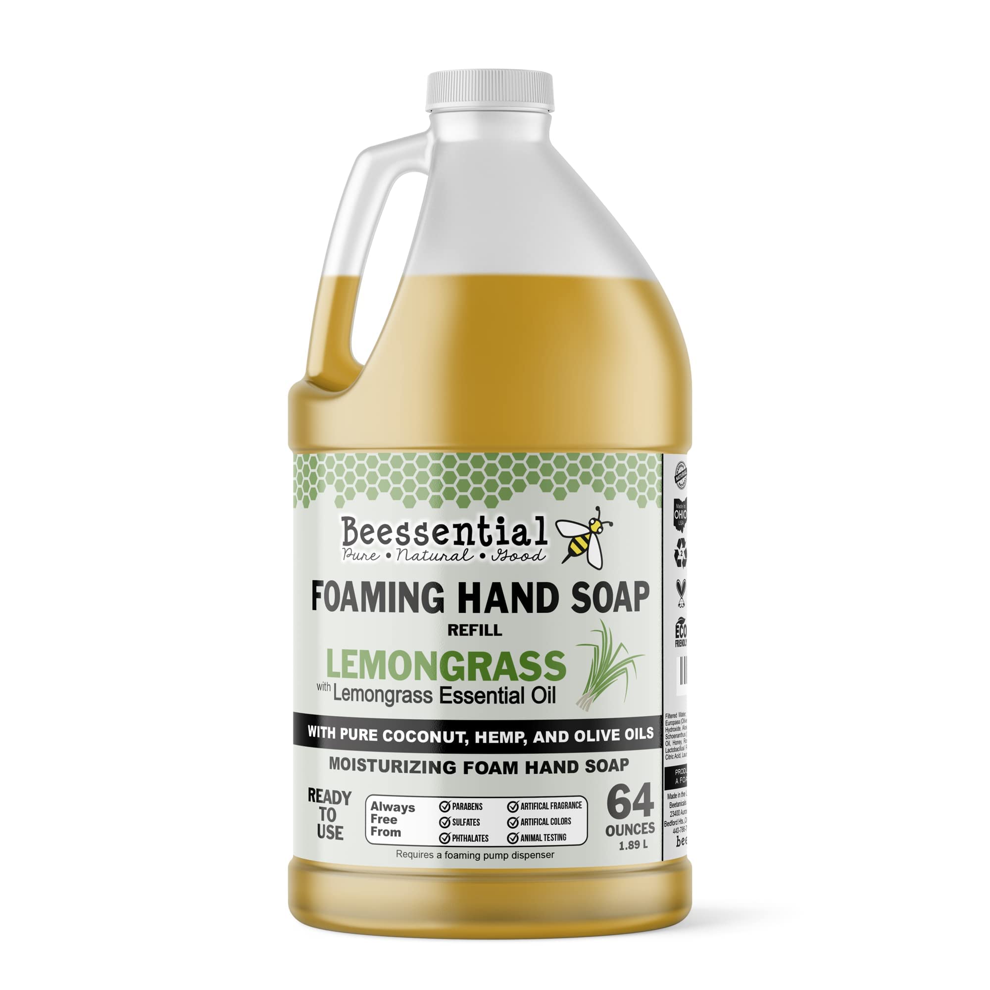 Beessential All Natural Bulk Foaming Hand Soap Refill 64 oz Lemongrass – Aloe & Honey | Made in USA