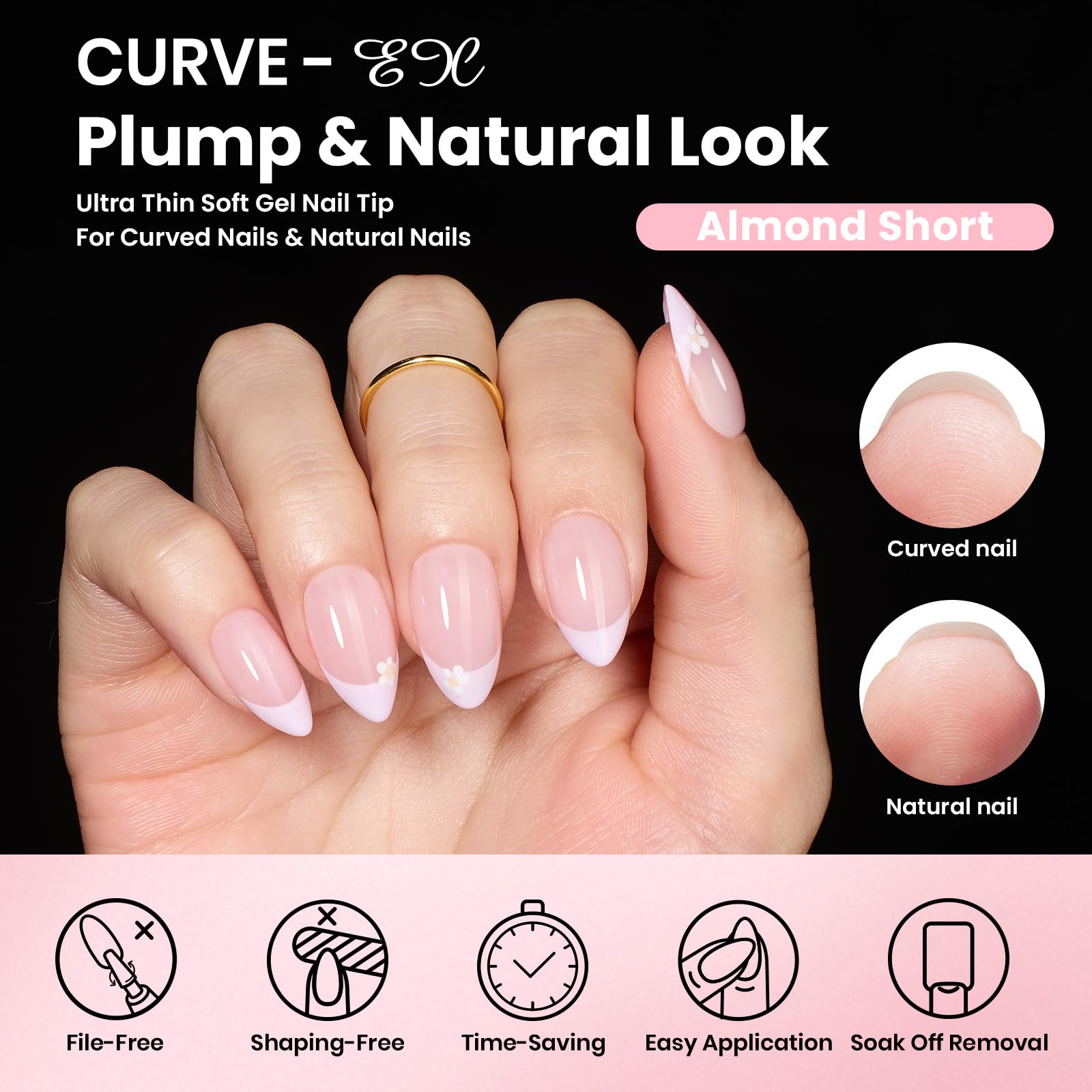 Beetles Curve-EX Almond Short Gel Nail Kit – 320 Tips, Glue Gel, Mini Lamp