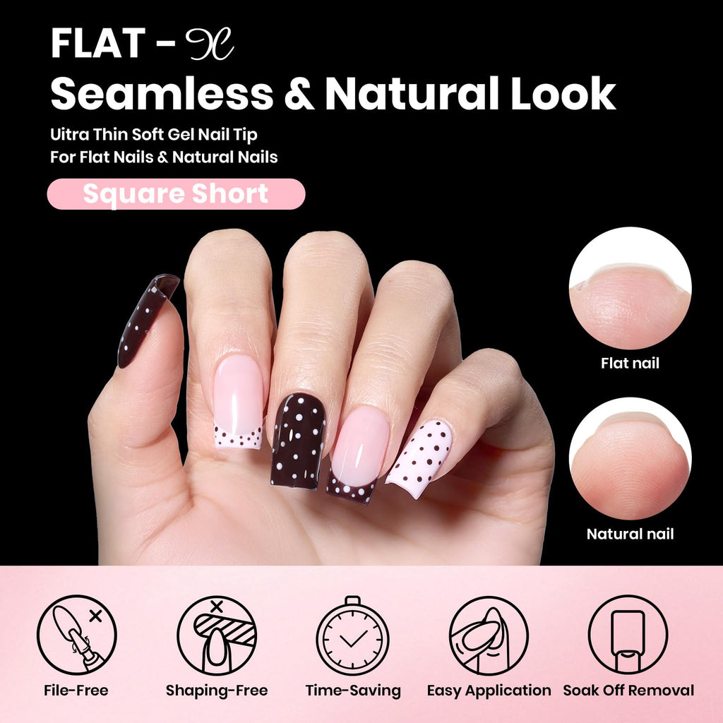 Beetles Gel Nail Kit Flat-X – 320 Short Square Tips, Glue Gel, Base & Top, Mini Lamp | DIY Home Manicure