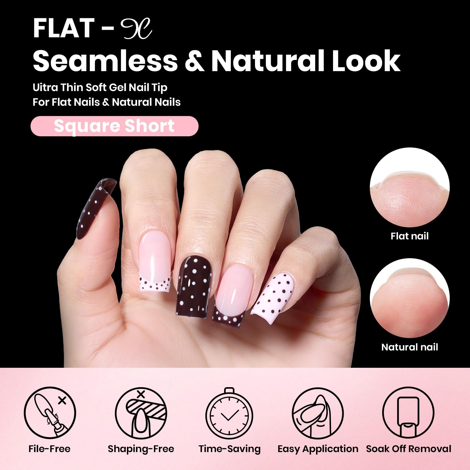 Beetles Gel Nail Kit Flat-X – 320 Short Square Tips, Glue Gel, Base & Top, Mini Lamp | DIY Home Manicure