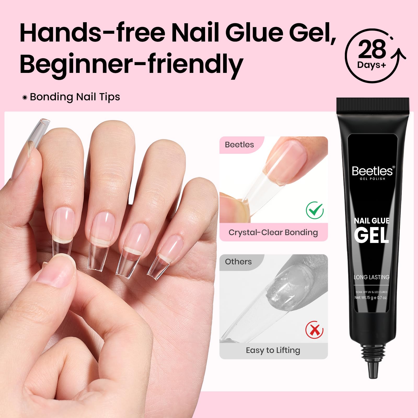 Beetles Gel Nail Kit Flat-X Coffin Medium – 320 Tips, 15g Glue Gel, 7.5ml Base & Top Coat, Mini Lamp