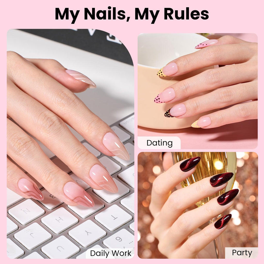 Beetles Gel Nail Kit Curve-EX Almond Tips — 320pcs, 16 Sizes, Glue Gel, Base & Top Coat, Mini Lamp