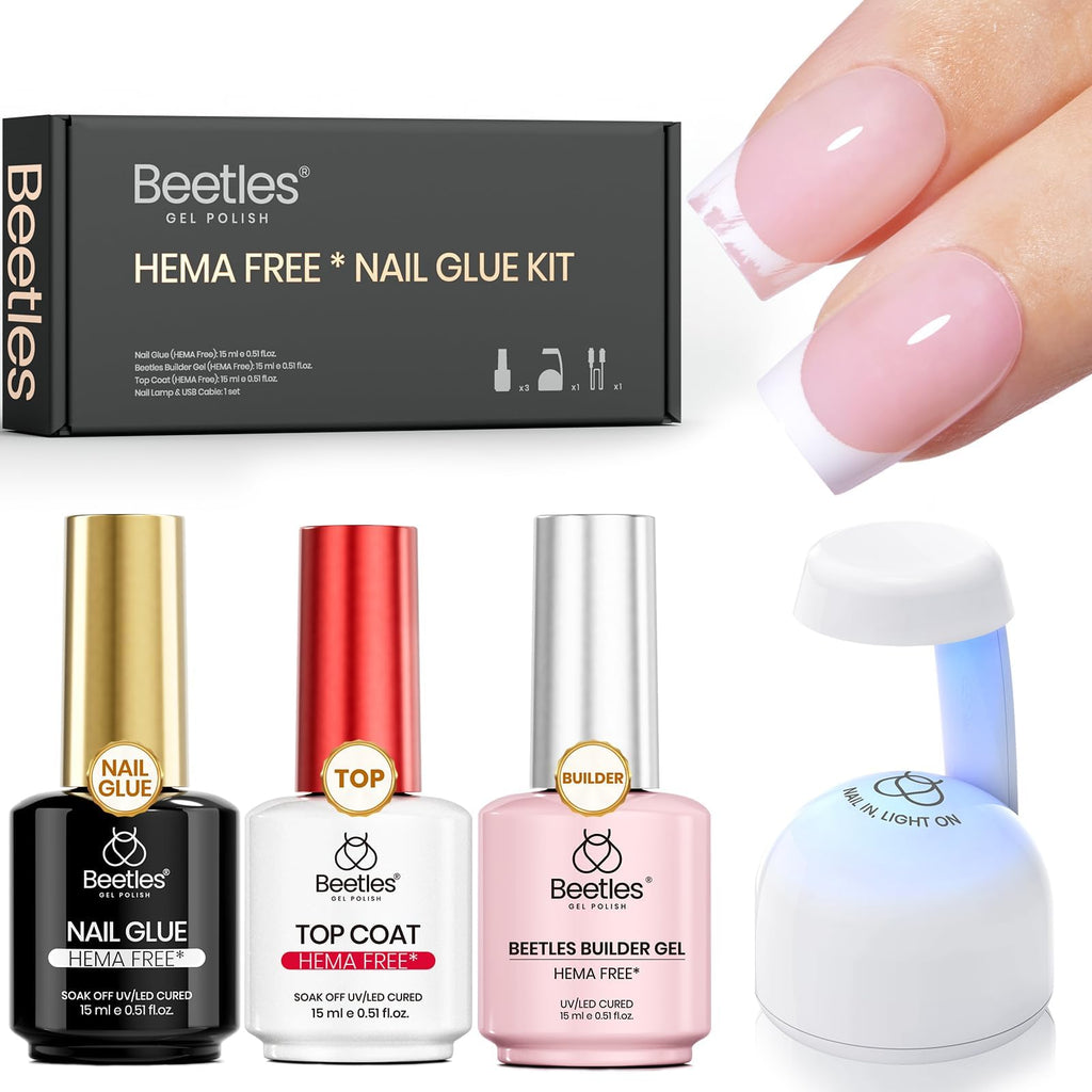 Beetles Gel Polish 4Pcs 15ml HEMA-Free Nail Tips Glue Kit with Builder Gel, No Wipe Top Coat & Portable Nail Lamp