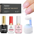 Beetles Gel Polish 4Pcs 15ml HEMA-Free Nail Tips Glue Kit with Builder Gel, No Wipe Top Coat & Portable Nail Lamp