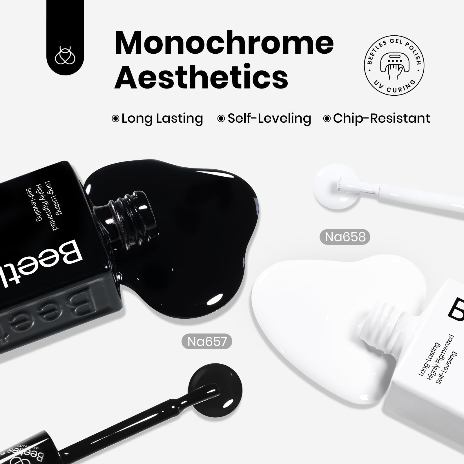 Beetles Black and White Gel Polish – HEMA-Free Monochrome Set, 2x15ml