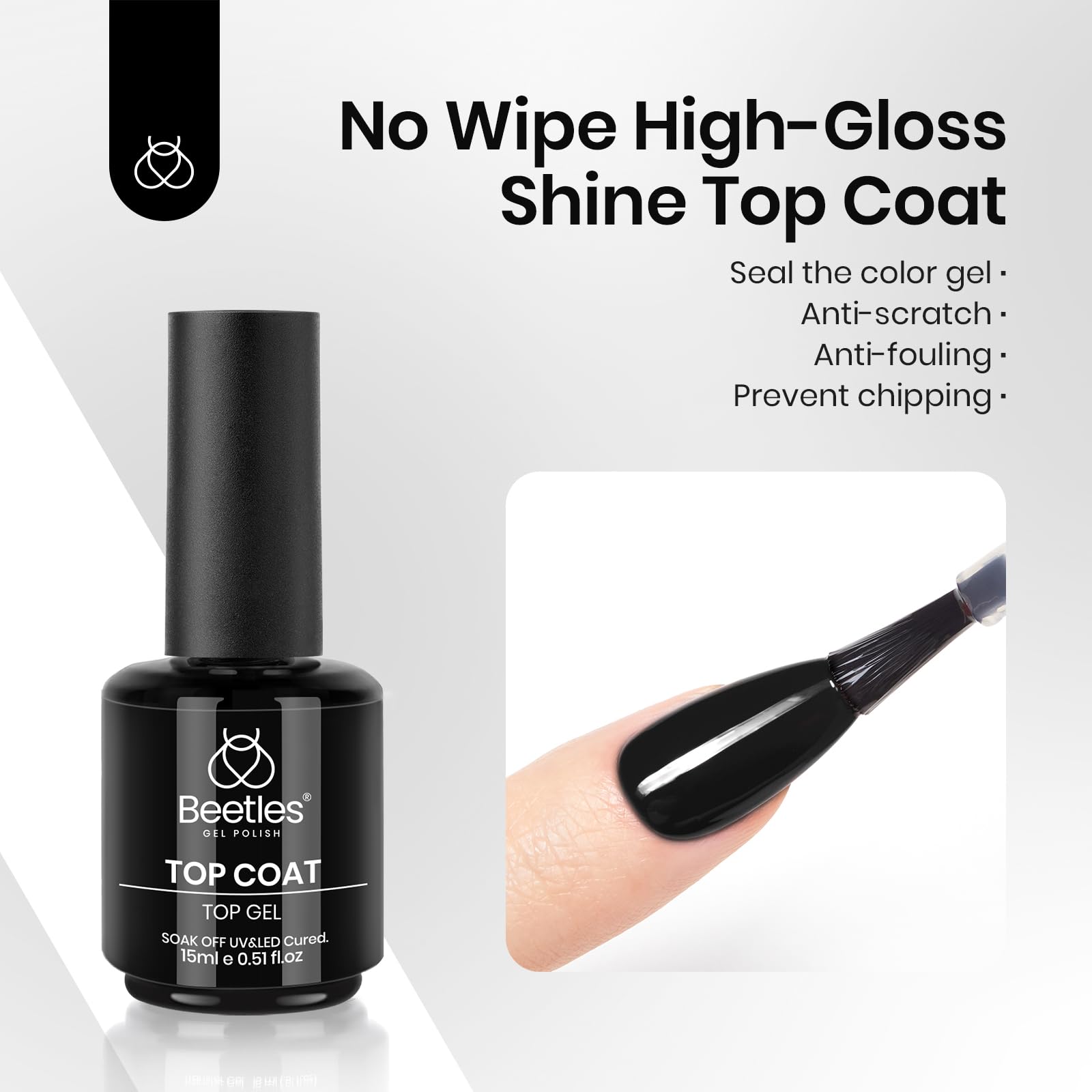 Beetles Gel Polish 3-Piece Set: No-Wipe Top Coat, Base Coat & Audrey Black – 28+ Day Shine