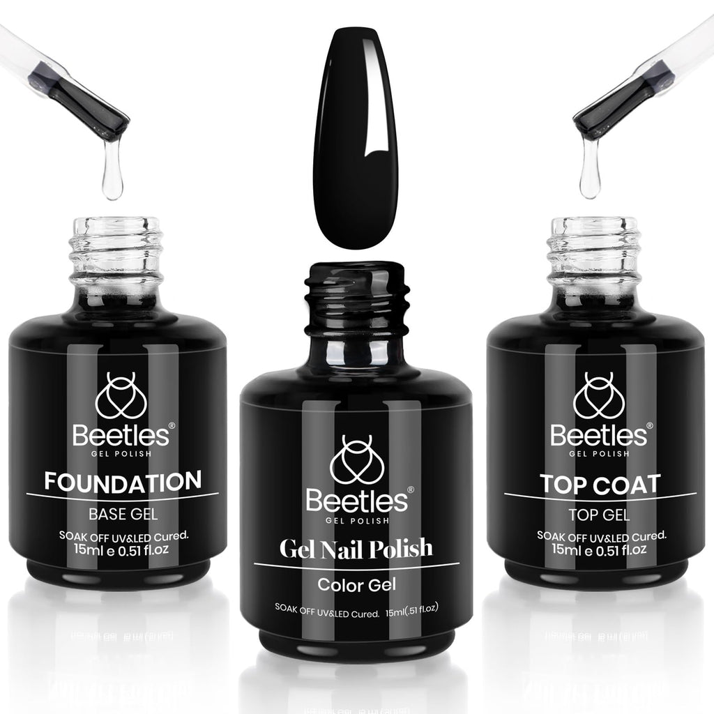 Beetles Gel Polish 3-Piece Set: No-Wipe Top Coat, Base Coat & Audrey Black – 28+ Day Shine